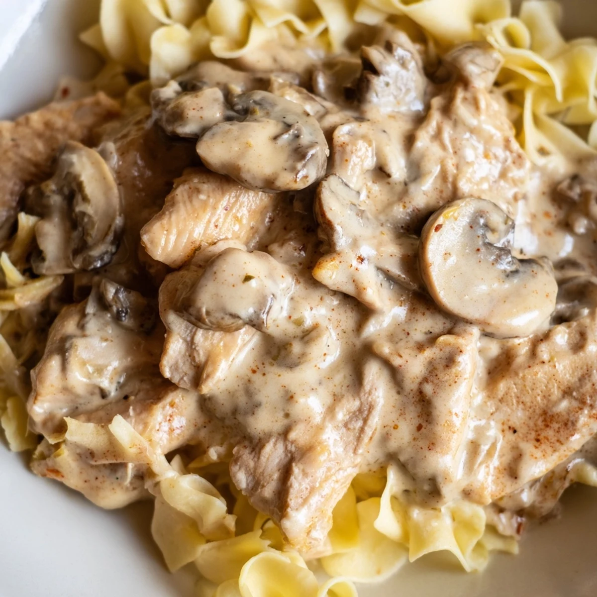 Chicken Stroganoff aus der Pfanne mit saftigen Hähnchenstreifen und würzigen Pilzen für das Abendessen.