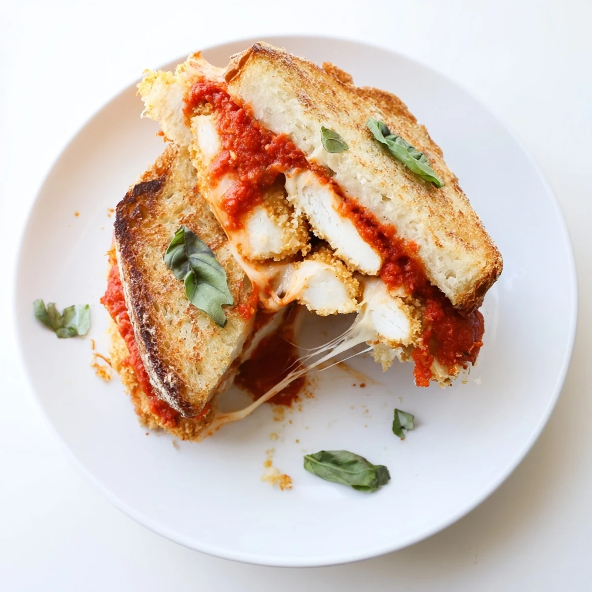 Ein würziges Chicken Parm Grilled Cheese Sandwich mit knuspriger Panade und goldenem, knusprigem Brot, soeben aus der Pfanne genommen.