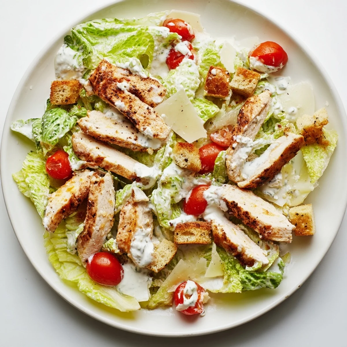 Grilled chicken strips rest atop crisp romaine lettuce with creamy Greek yogurt Caesar dressing.