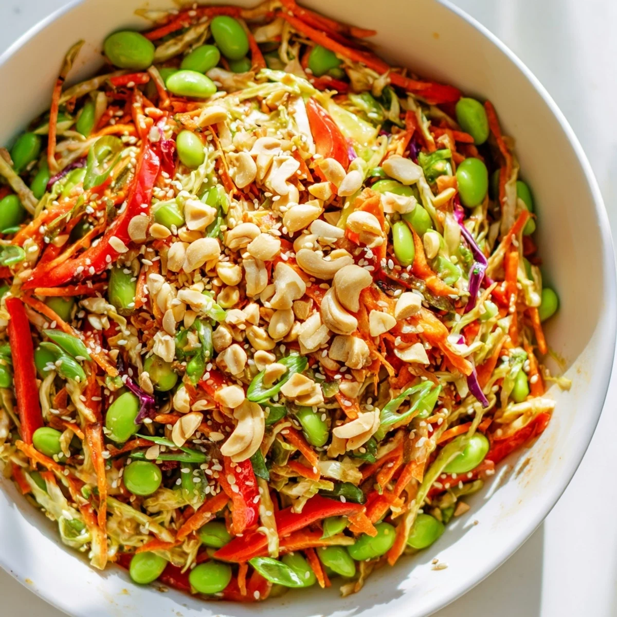 Sommerlicher Edamame Crunch Hähnchensalat garniert mit Sesam, ideal für eine proteinreiche Hauptmahlzeit.