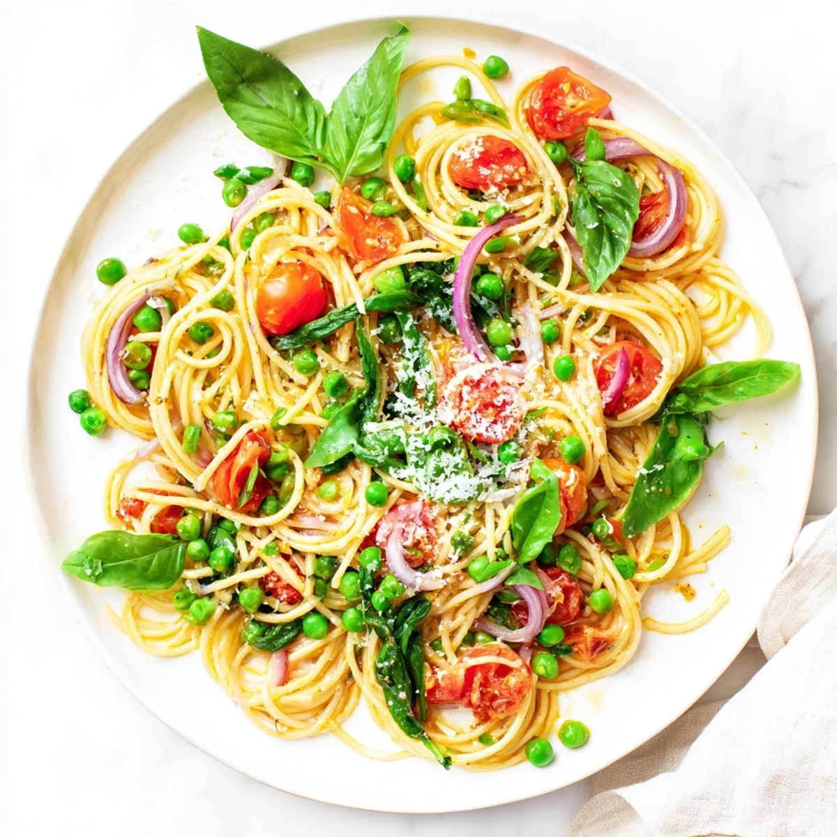 Frühlingsspargel und Erbsen in einer Frühlings-Gemüse-Einpott-Spaghetti mit Parmesan und Basilikum garniert, auf weißem Hintergrund serviert.