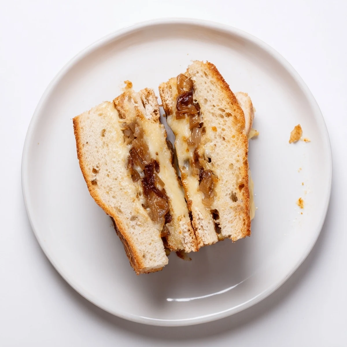 Grilled cheese sandwich with melted cheese and caramelized onions.