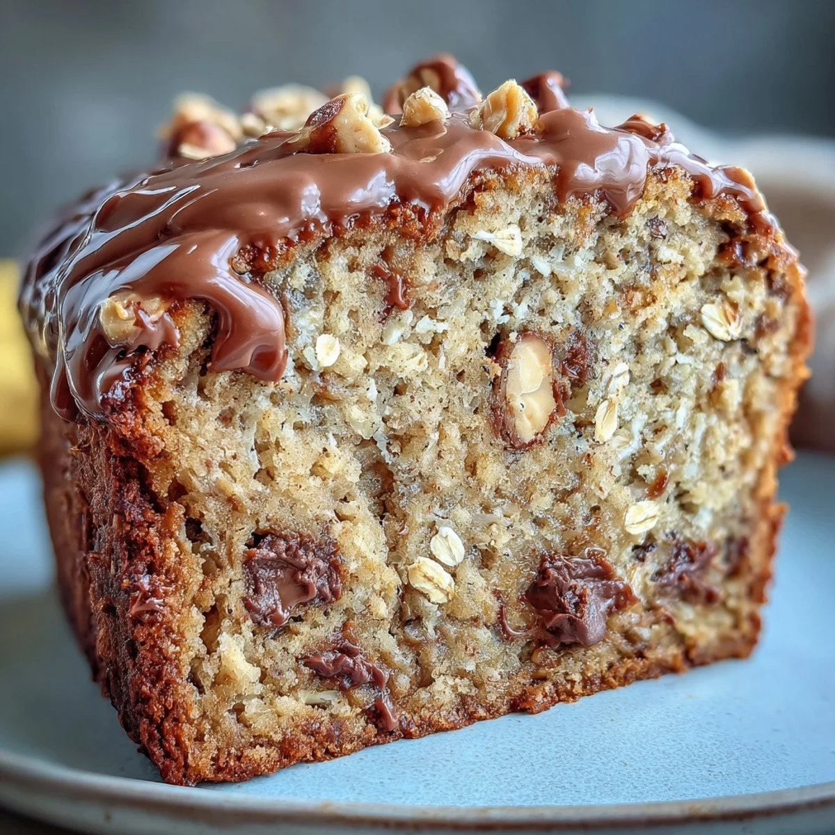 Luftiges Bananenbrot mit Schokoladensplittern, Erdnussbutter und Haferflocken, bereit zum Genießen.