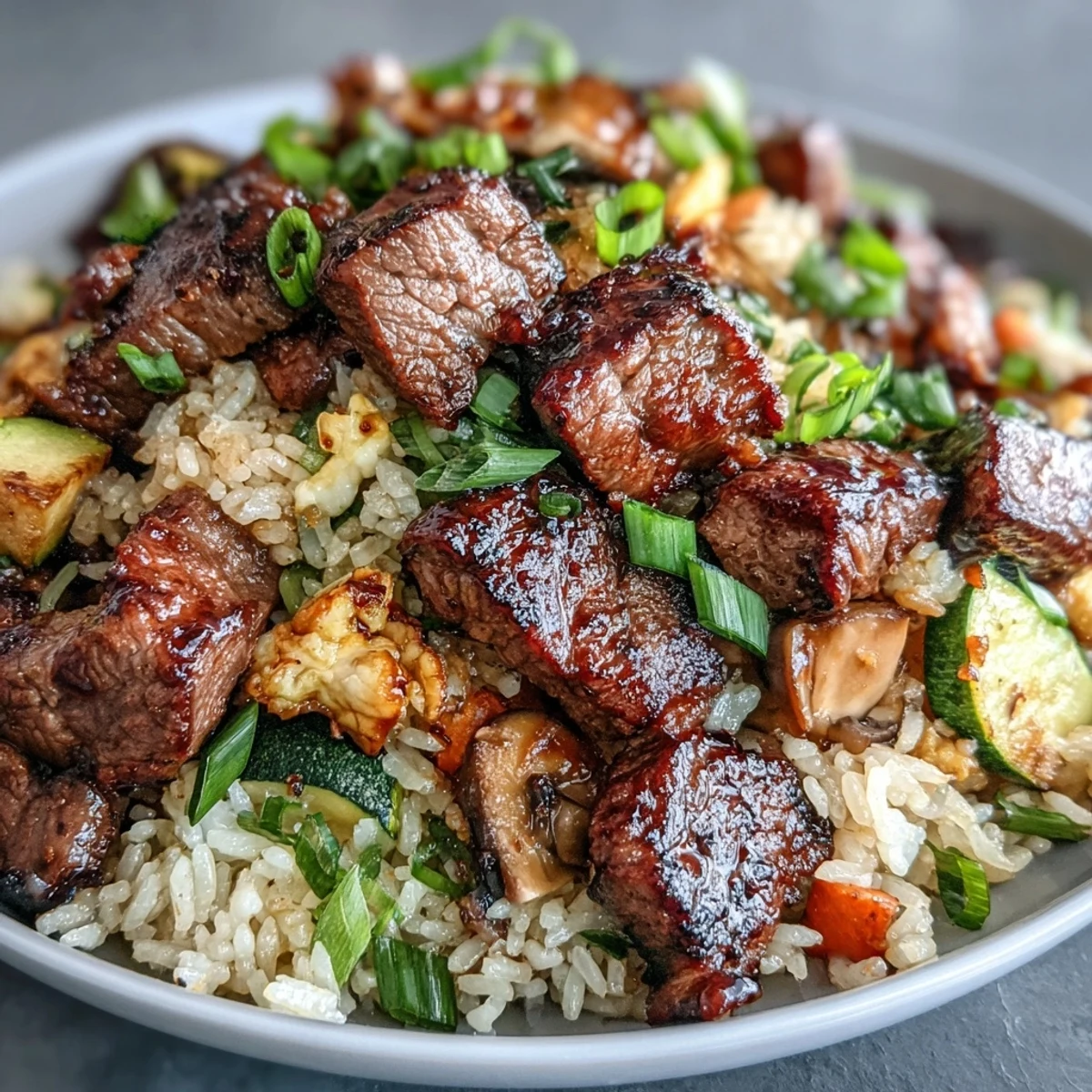 Geniessen Sie dieses einfach flambierte Steak mit gebratenem Reis für ein schnelles Abendessen.