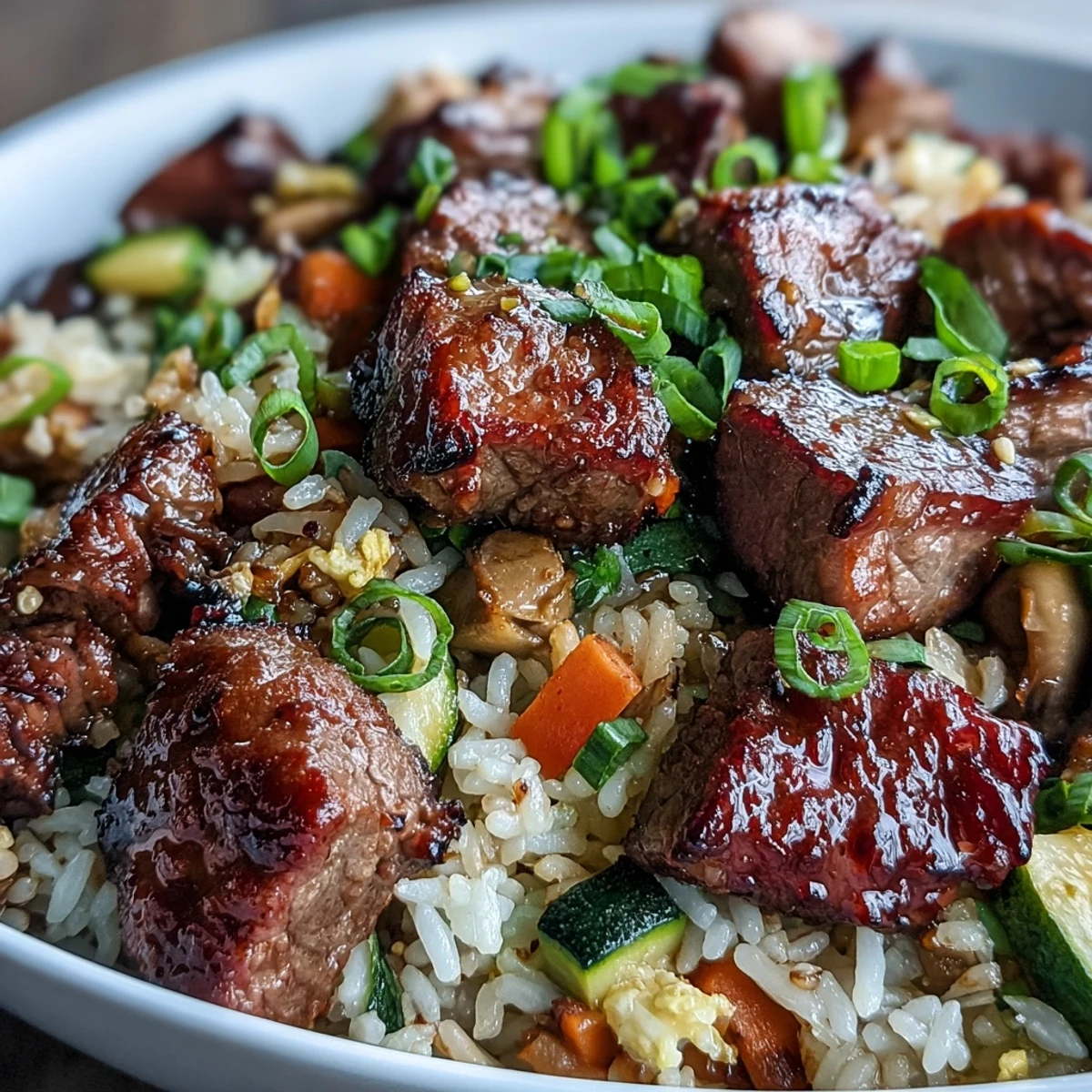 Probieren Sie unser köstliches flambiertes Steak mit gebratenem Reis, perfekt für die Familie.