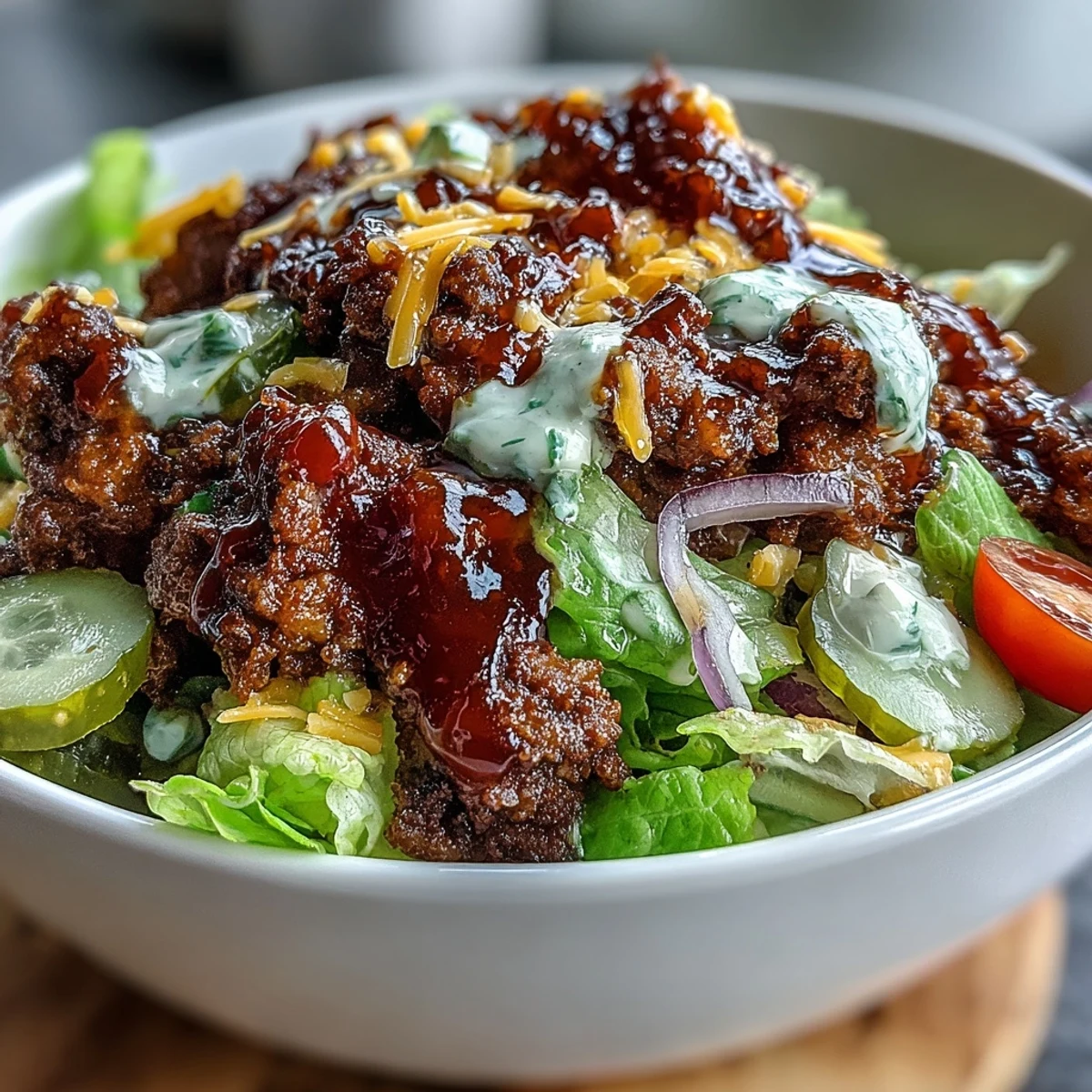 Saftiges Hackfleisch mit Käse und Sauce, ein perfektes Easy Big Mac in a Bowl Gericht.