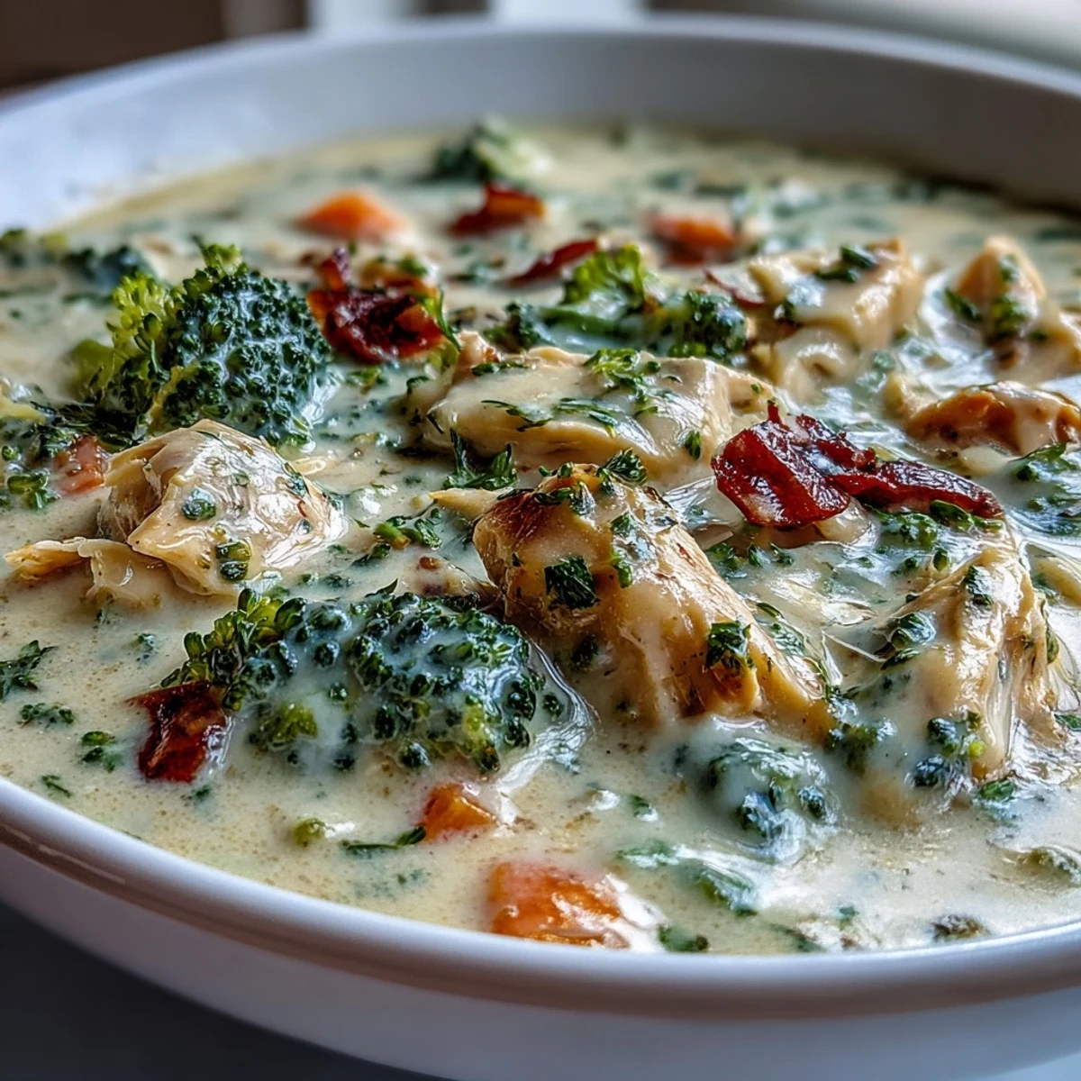 Herzhafte Hühnchen-Brokkoli-Cheddar-Suppe in einer Schüssel mit frischen Kräutern.