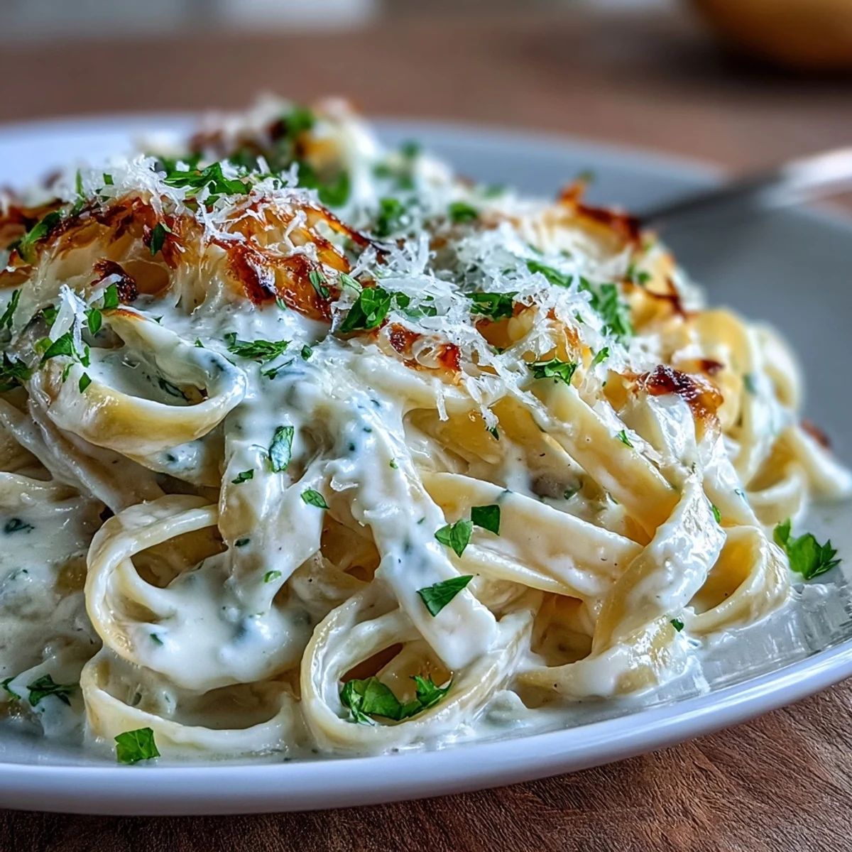 Cremige Blumenkohl-Alfredo-Pasta, serviert mit Parmesan und frischer Petersilie.