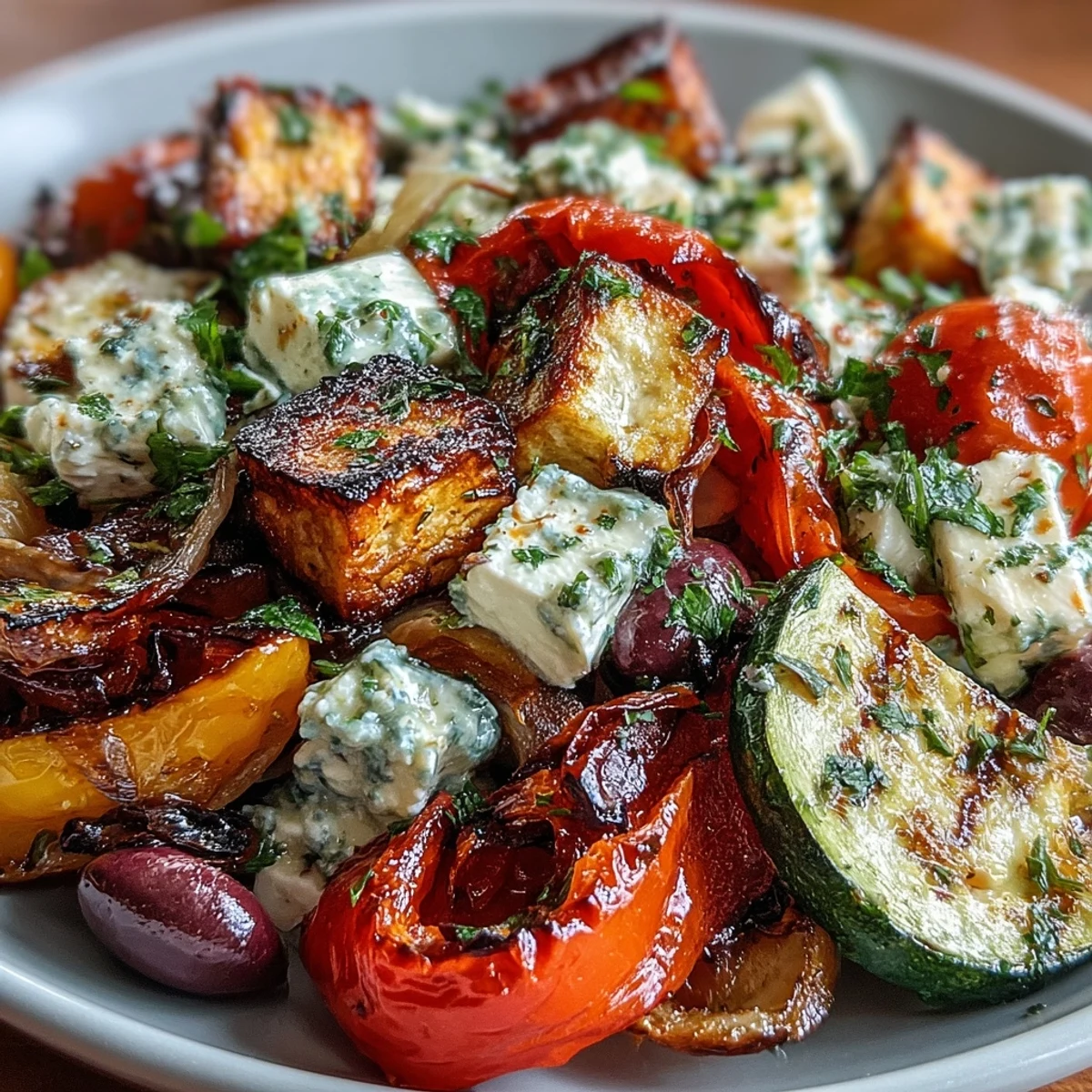 Frisch gebackenes Roasted Greek Salad auf einem Holztisch mit knusprigen Gemüsestücken, Feta und grünem Petersilienstreub.  