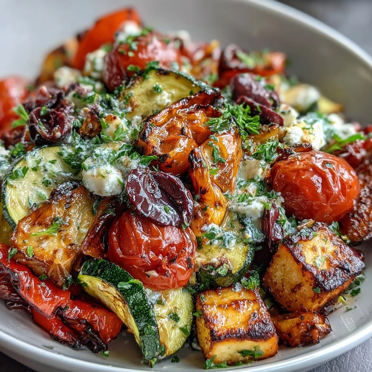 Geröstete Mediterannees Gemüse in diesem Roasted Greek Salad, serviert mit würzigem Feta und frischer Petersilie auf einem weißen Teller.