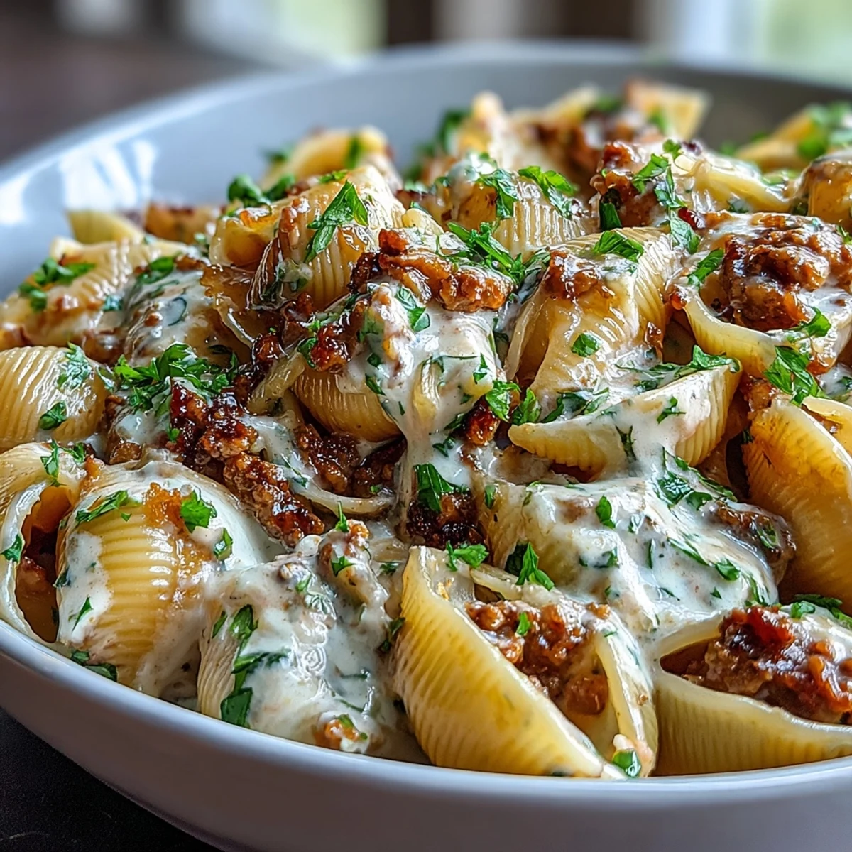 Creamy One Pot Beef and Shells pasta, garnished with fresh parsley, steaming in a white bowl.