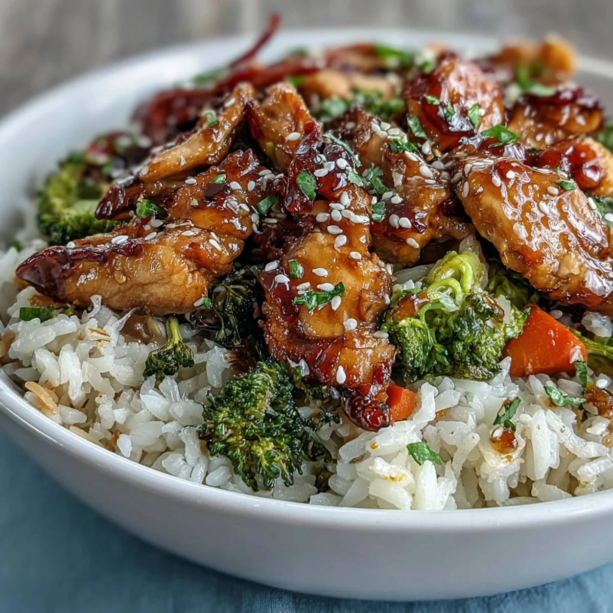 Eine nahaufnahme One Pan Honey Garlic Chicken Broccoli Rice in einer braunen schüssel.