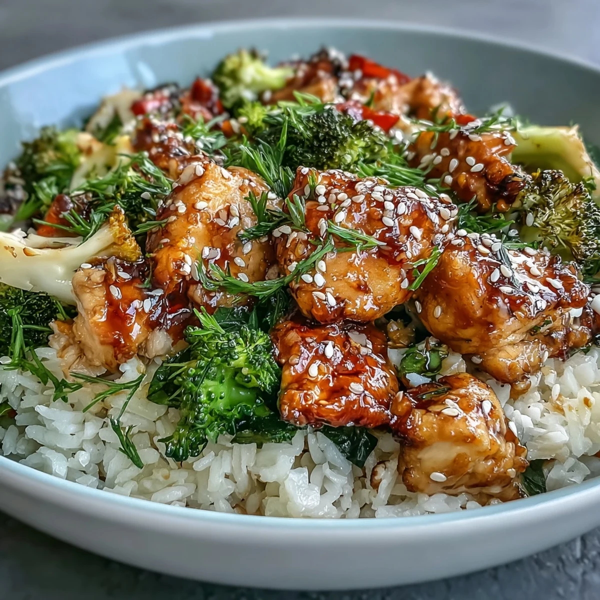 Glossy sauce on One Pan Honey Garlic Chicken Broccoli Rice with scallions and sesame seeds.