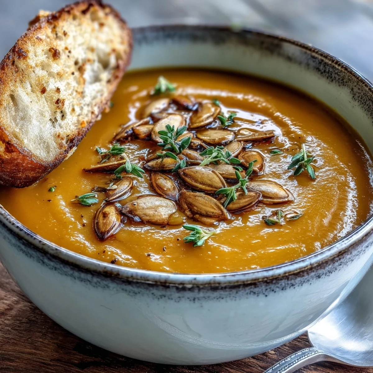 Die cremige Oberfläche dieser Butternuss-Kürbis-Suppe zeigt ein Hauch von Sahne und Kürbiskernen.