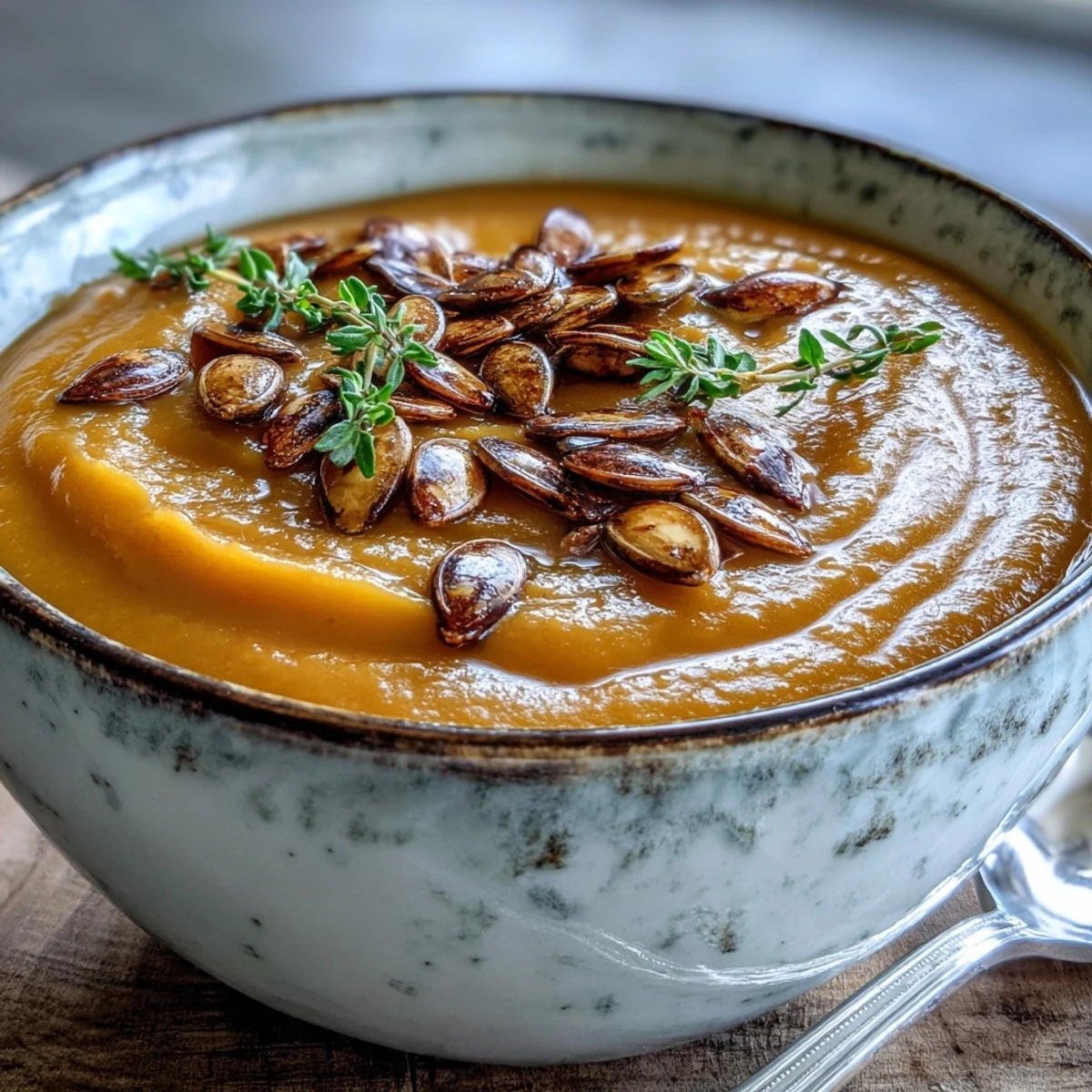 Frisch pürierte Butternuss-Kürbis-Suppe dampft in einer rustikalen Schüssel, perfekt für kalte Tage.