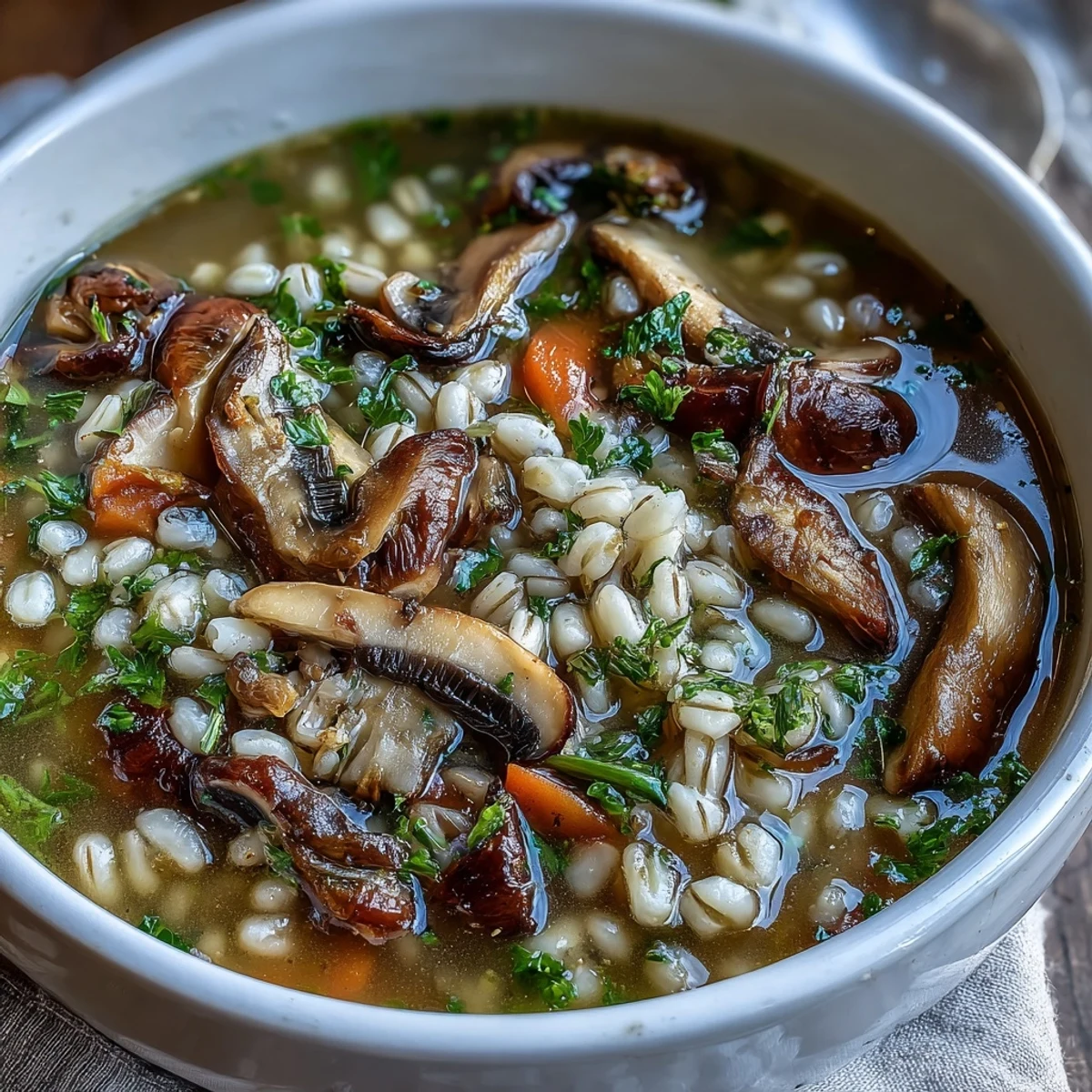 Dampfende Mushroom Barley Soup in einer Schüssel, garniert mit frischem Petersilie, serviert mit Brot.