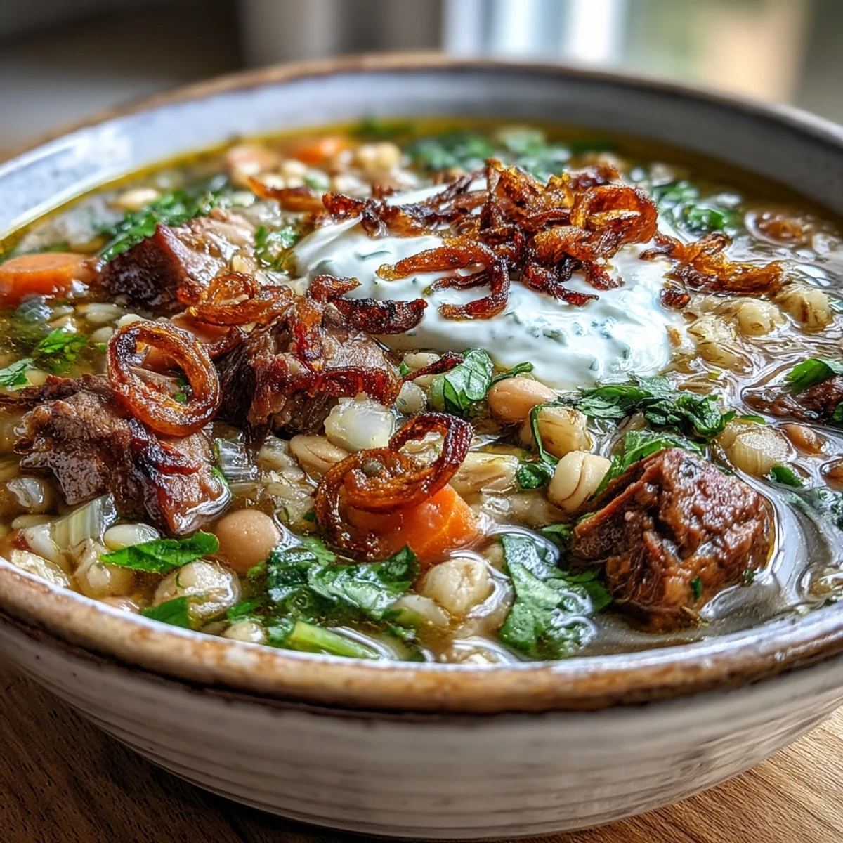 Gerichtes aus Rindfleisch und Gerste in einer Schüssel, geschmackvoll mit saurer Sahne und krossen Minze-Zwiebeln garniert.