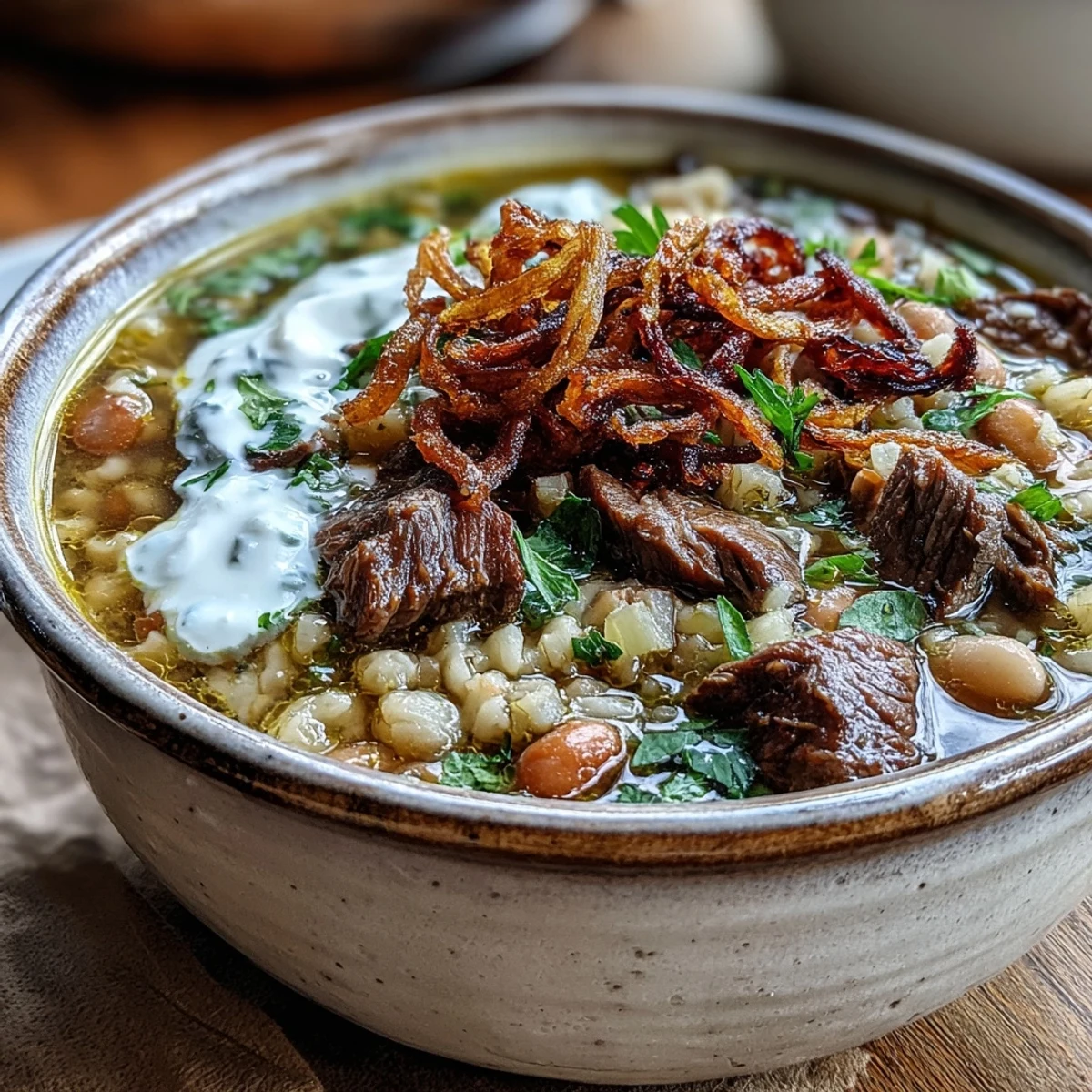 Beef Barley Soup in einer dampfenden Schüssel, serviert mit frischen Kräutern und knusprigen Minze-Zwiebeln zum Bestreuen.