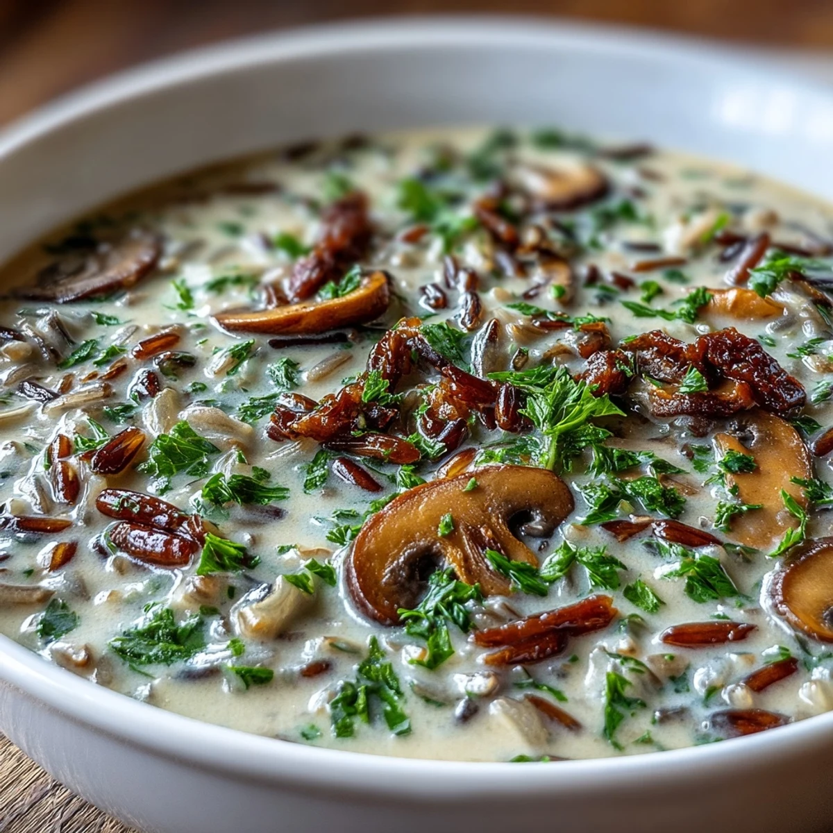 Heiße Wild Rice Mushroom Soup mit frischem Petersilienabschluss, serviert in einer weißen Schüssel.