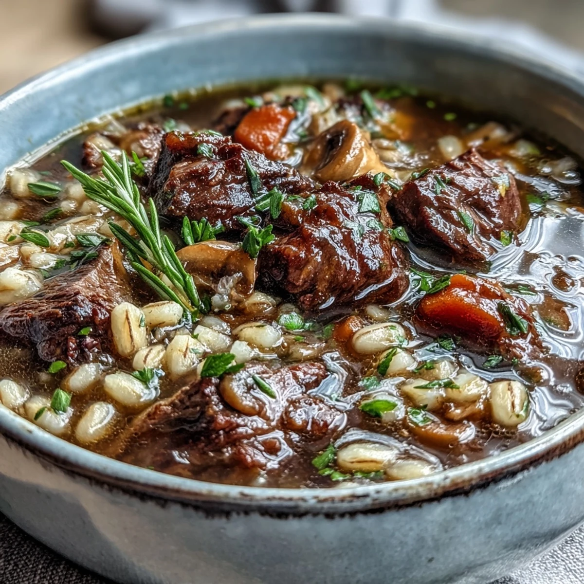 Hearty Beef and Barley Soup with Mushrooms simmering in a rustic Dutch oven with rich broth.