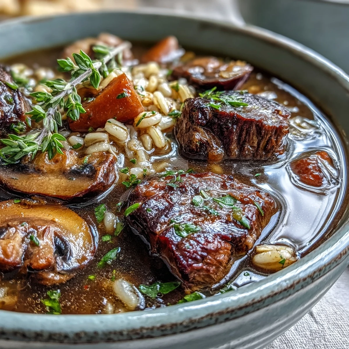Tender beef and sliced baby bellas in Beef and Barley Soup with Mushrooms, garnished with crispy pancetta.