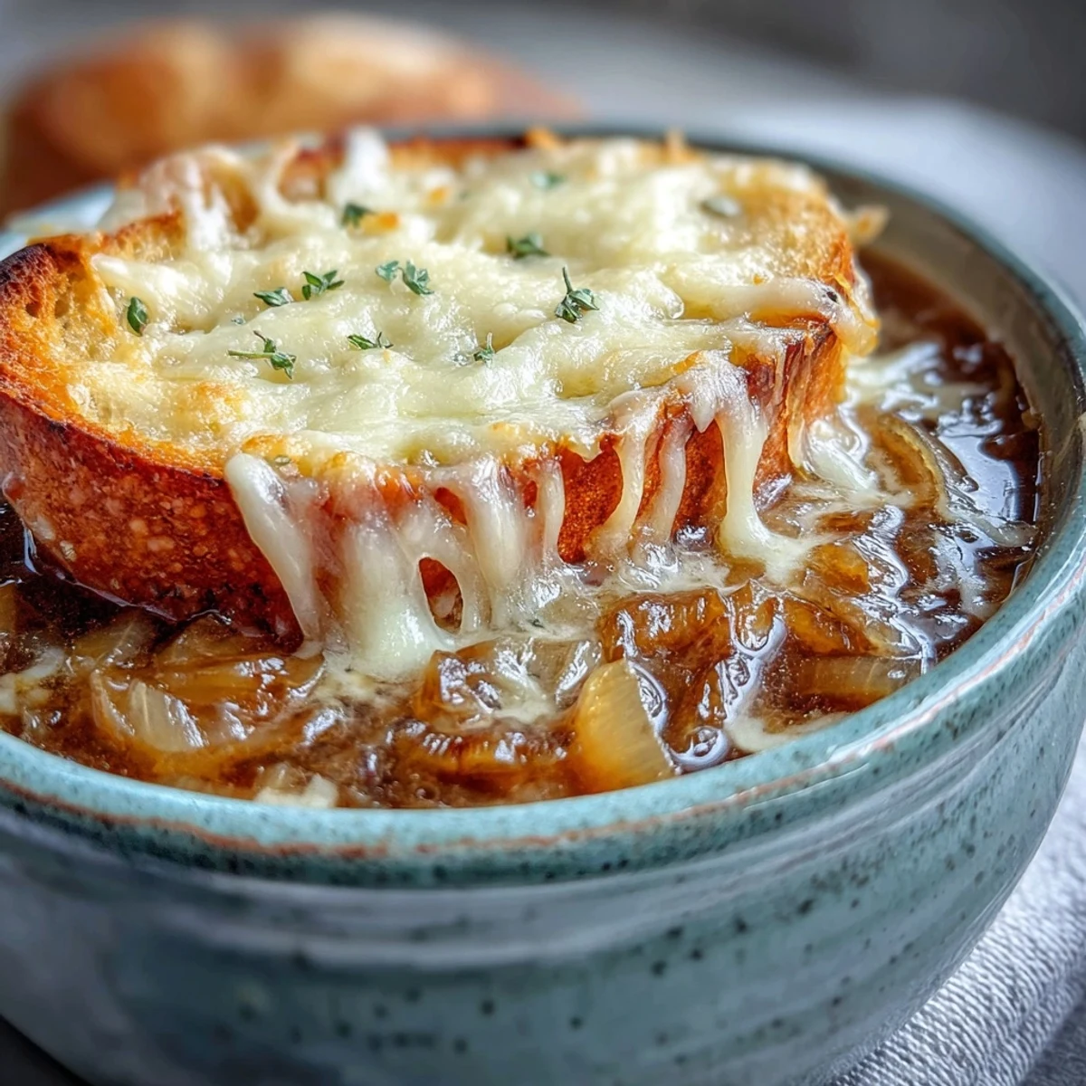 Classic French Onion Soup in a rustic bowl, topped with a thick, bubbly, golden-brown Gruyère crust and toasted bread.