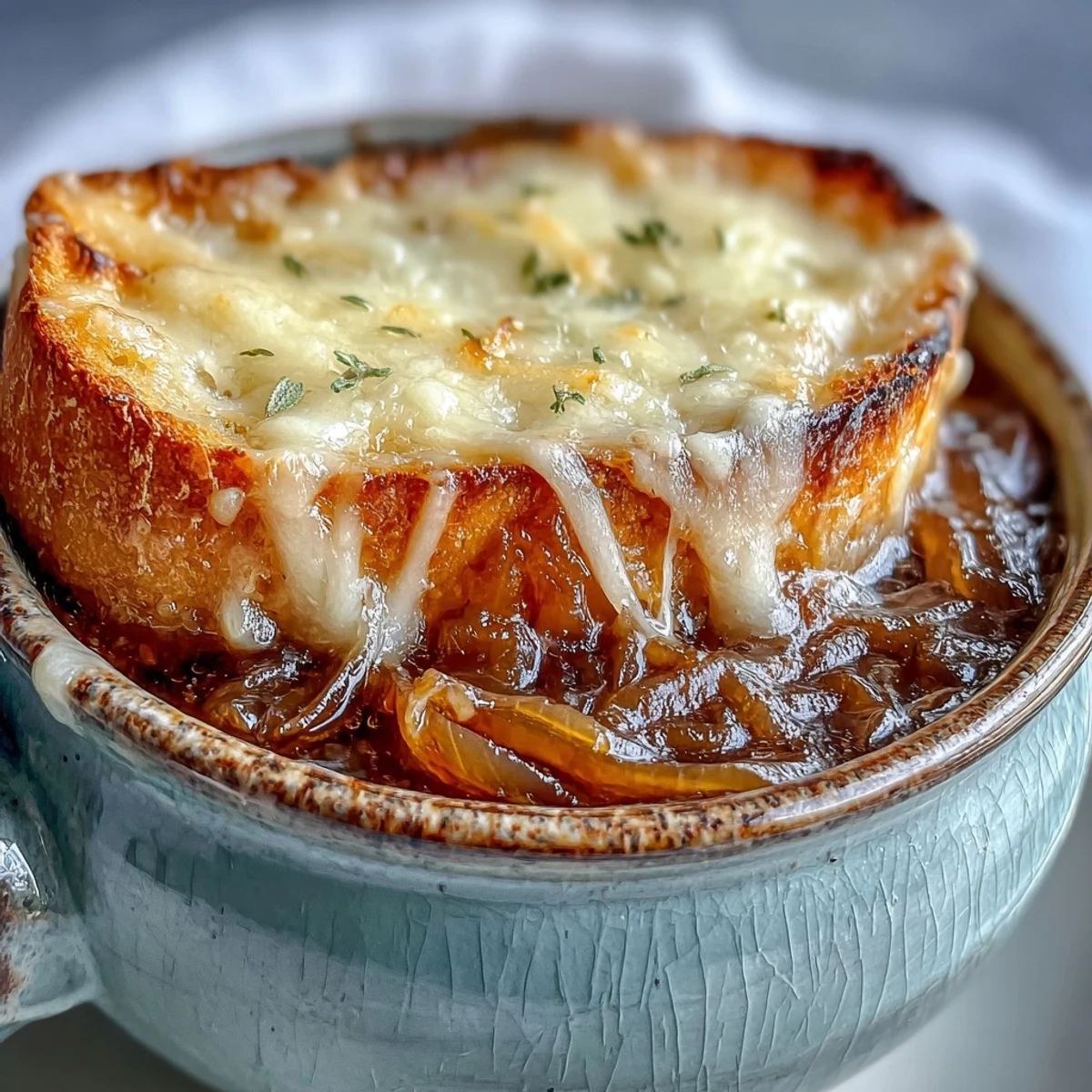 Deeply caramelized onions in Classic French Onion Soup, bubbling under melted Gruyère, served in a traditional ceramic crock.