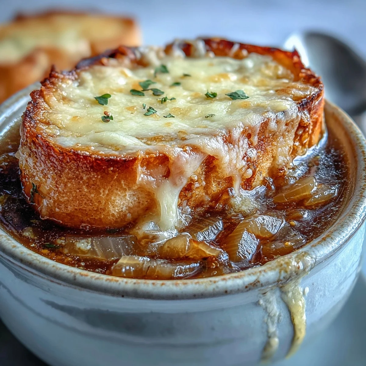 A close-up of Classic French Onion Soup, showing a rich broth, toasted baguette slice, and gooey, stringy melted cheese.