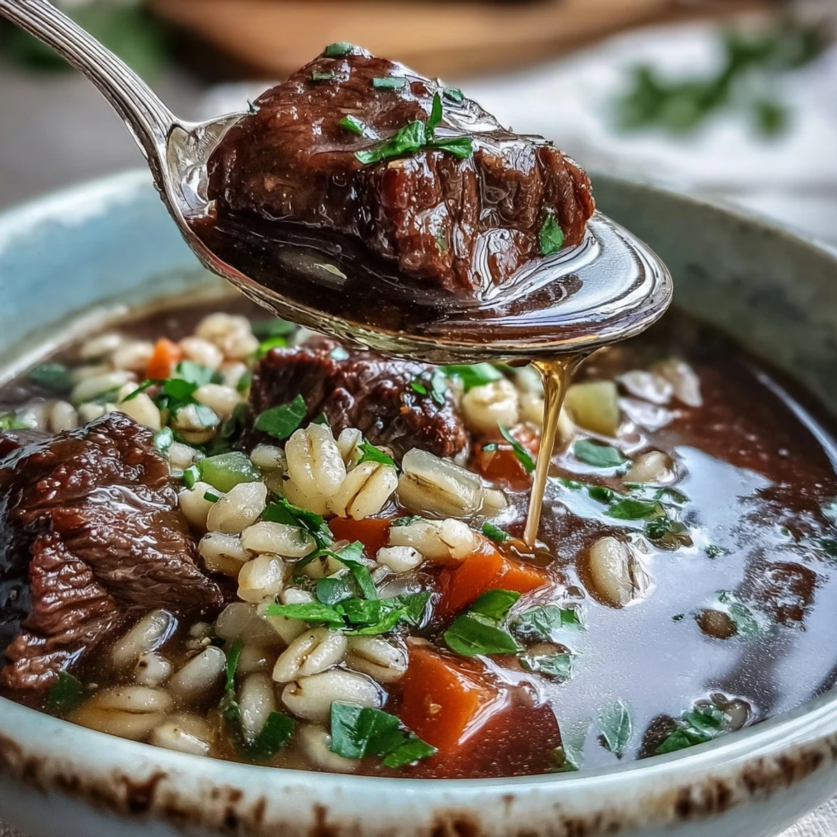 Hearty Beef and Barley Soup in a rustic bowl, steam rising, with tender beef, carrots, and peas in rich broth.