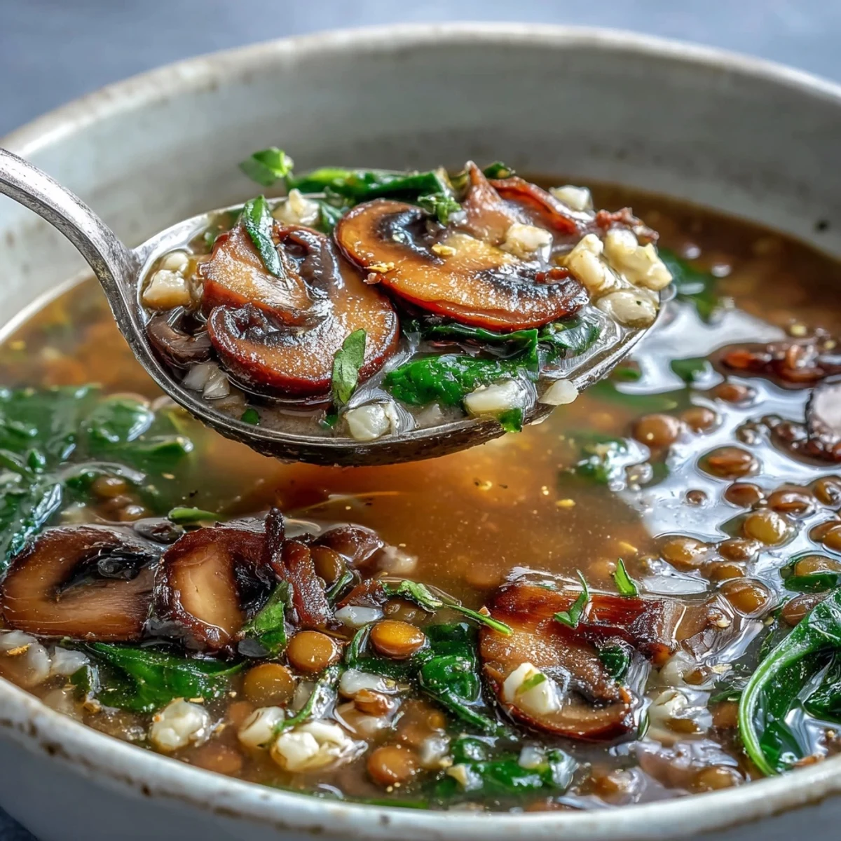 Dampfende Double Lentil and Mushroom Barley Soup wird in tiefen Schalen serviert.