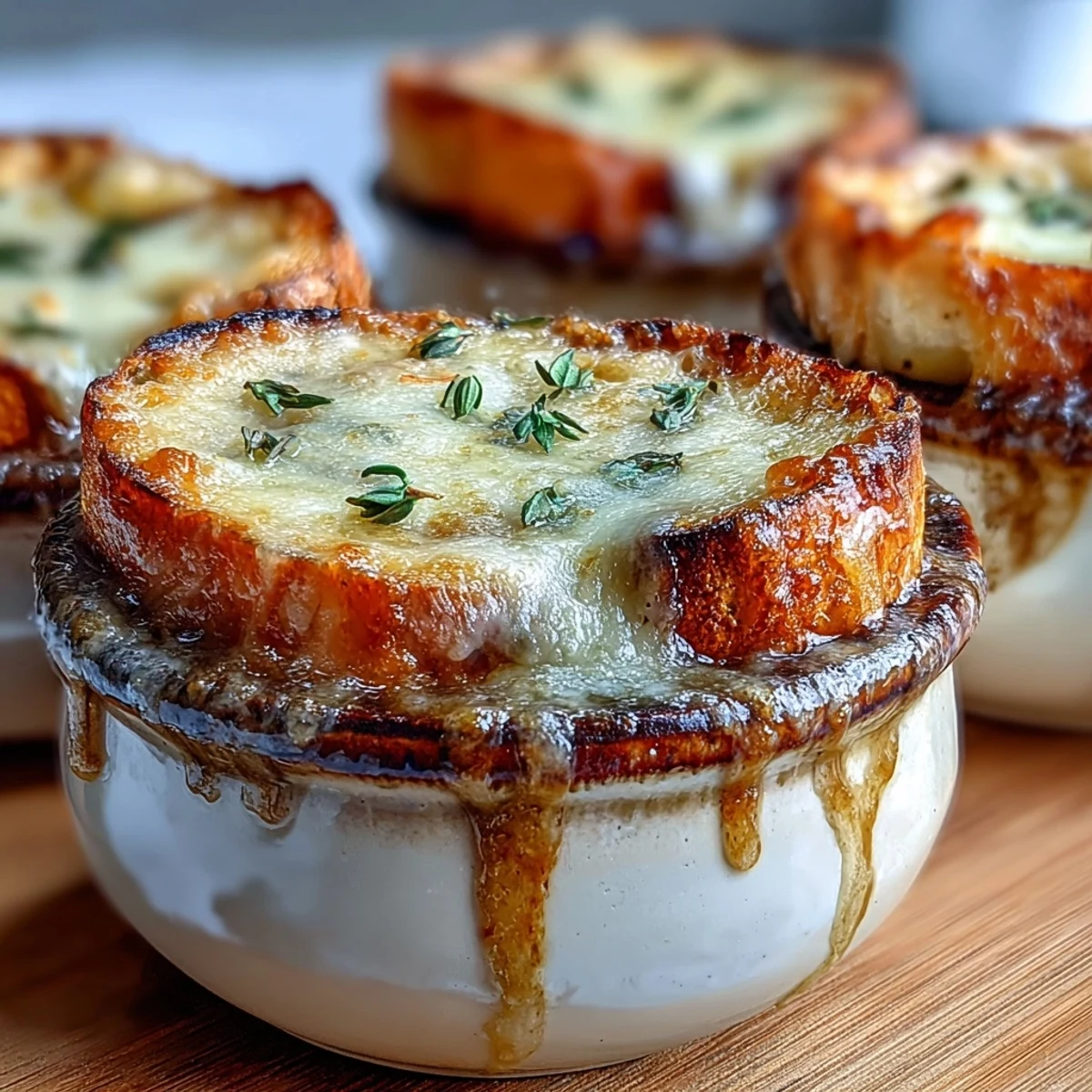 Schmelziger Käse über duftender French Onion Soup mit frischem Thymian auf einer rustikalen Holzplatte.