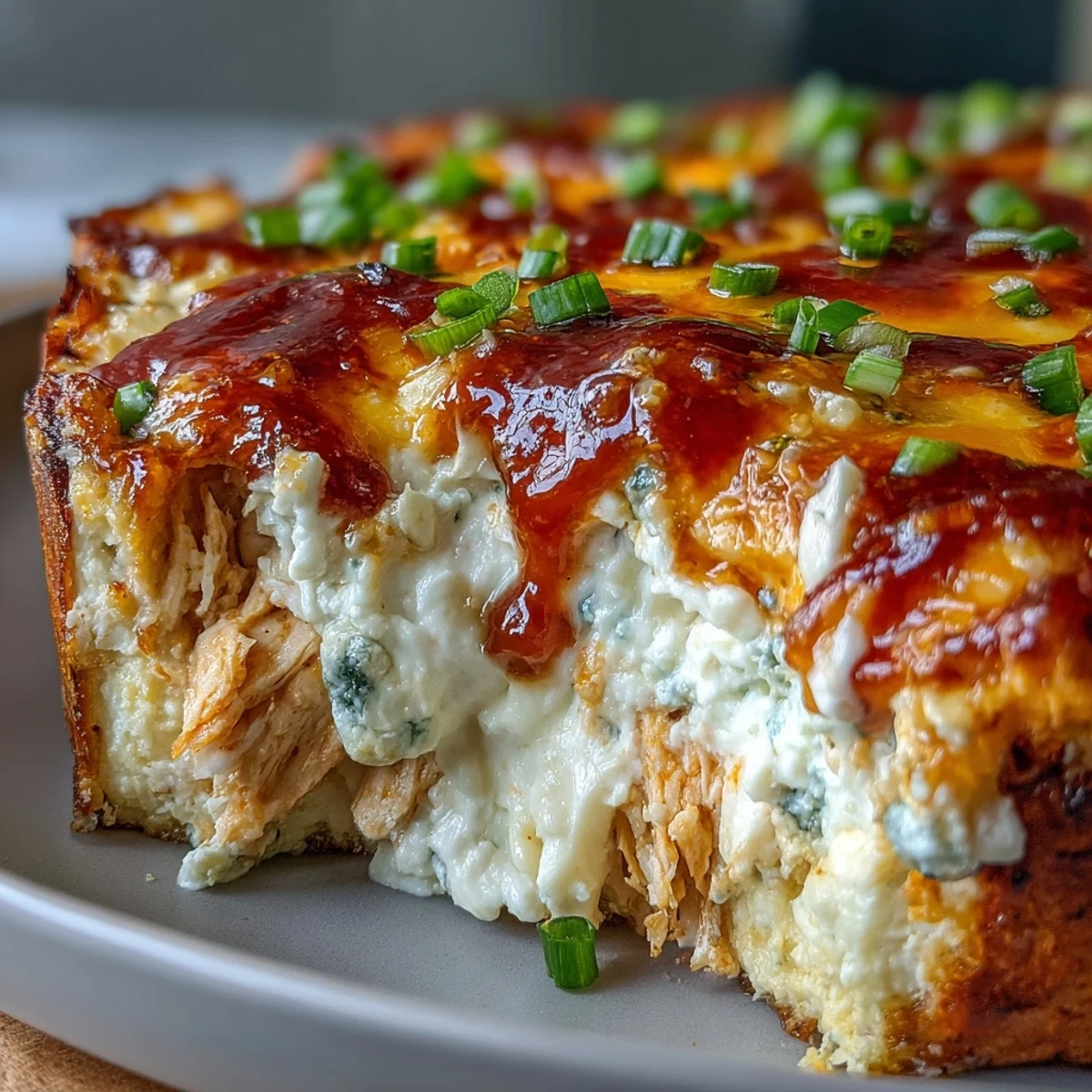 Buffalo Chicken Dip aus dem Ofen, goldbraun und blubbernd, mit Knoblauch-Chips zum Dippen.