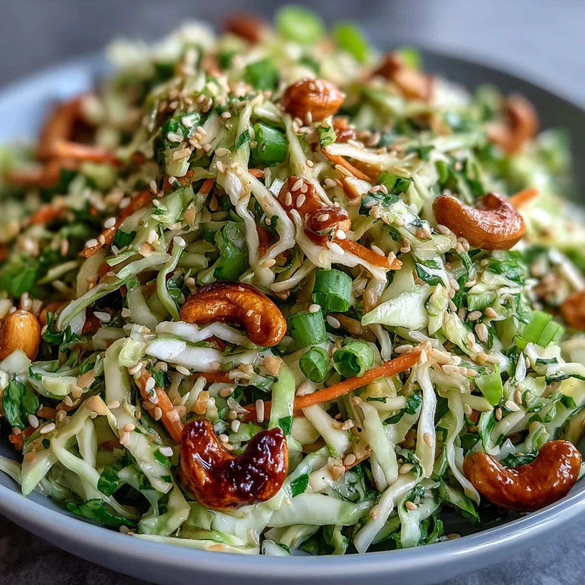 Frischer Asian Cabbage Salad mit knackigem Rot- und Weißkohl, Karottenstreifen und gerösteten Cashews in Sesam-Dressing.