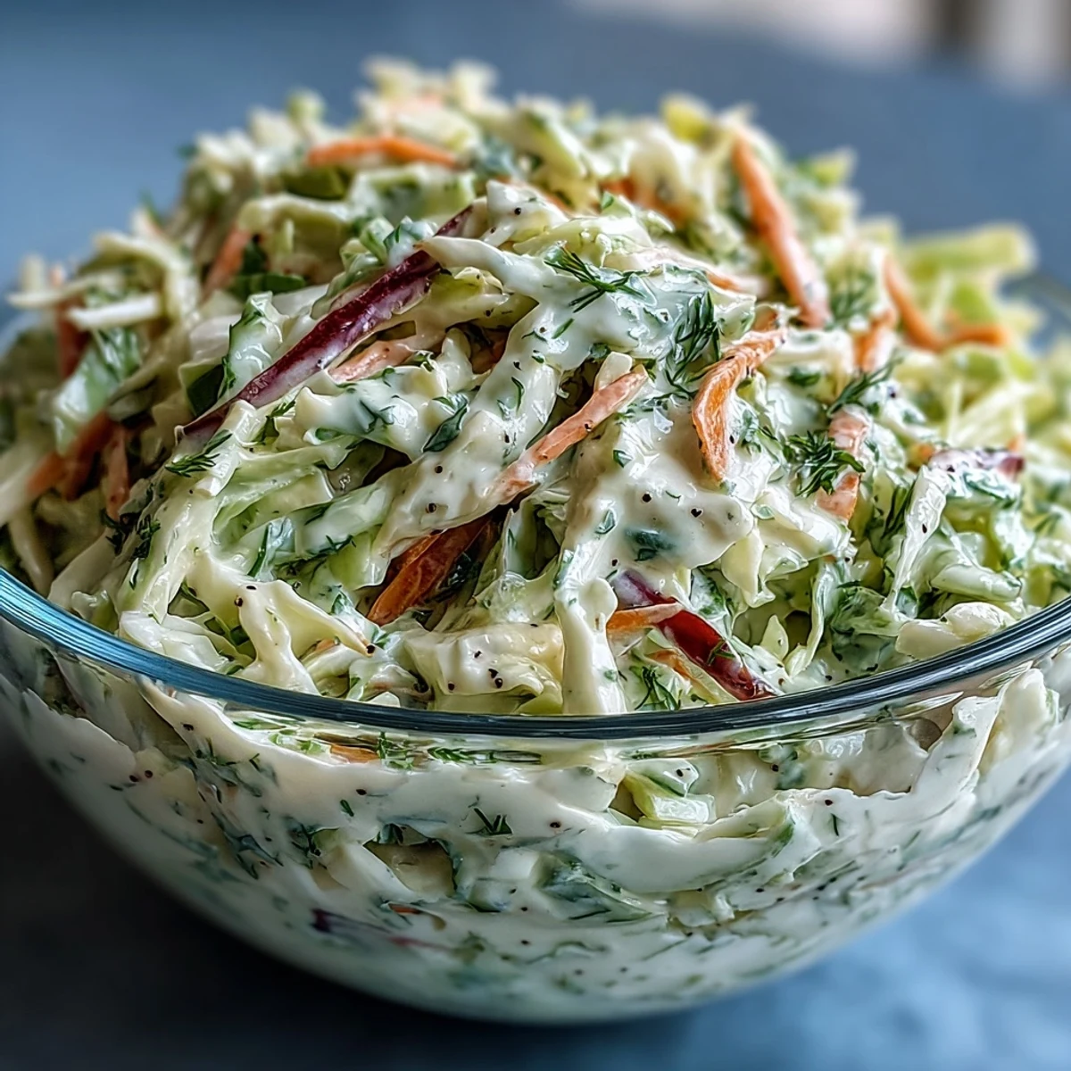 Classic coleslaw with creamy dressing, vibrant green and purple cabbage, served as a refreshing, vegetarian side dish.