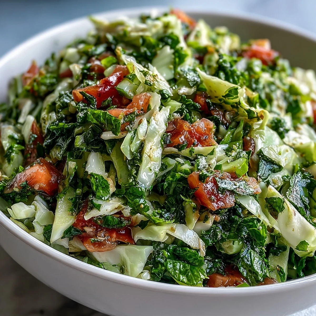 Frischer Lebanese Cabbage Salad mit glasigem Zitronen-Dressing und grünen Zwiebeln in einer Schüssel.