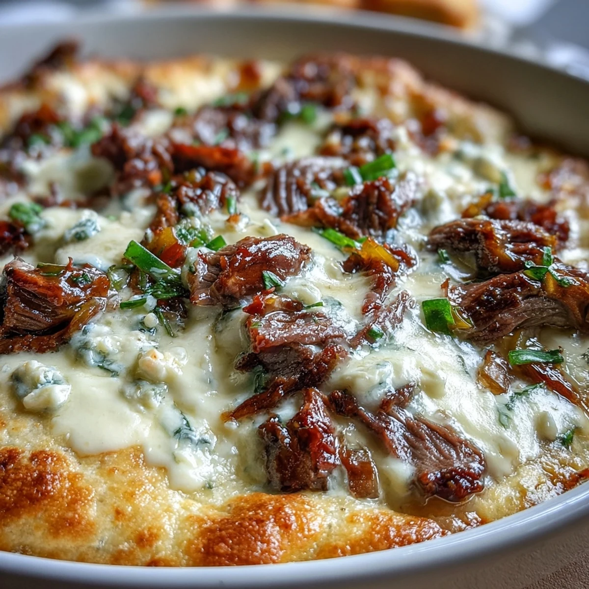 Der Philly Cheesesteak Dip dampft aus dem Ofen, voll mit karamellisierten Zwiebeln und serviert mit knusprigen Tortilla-Chips.