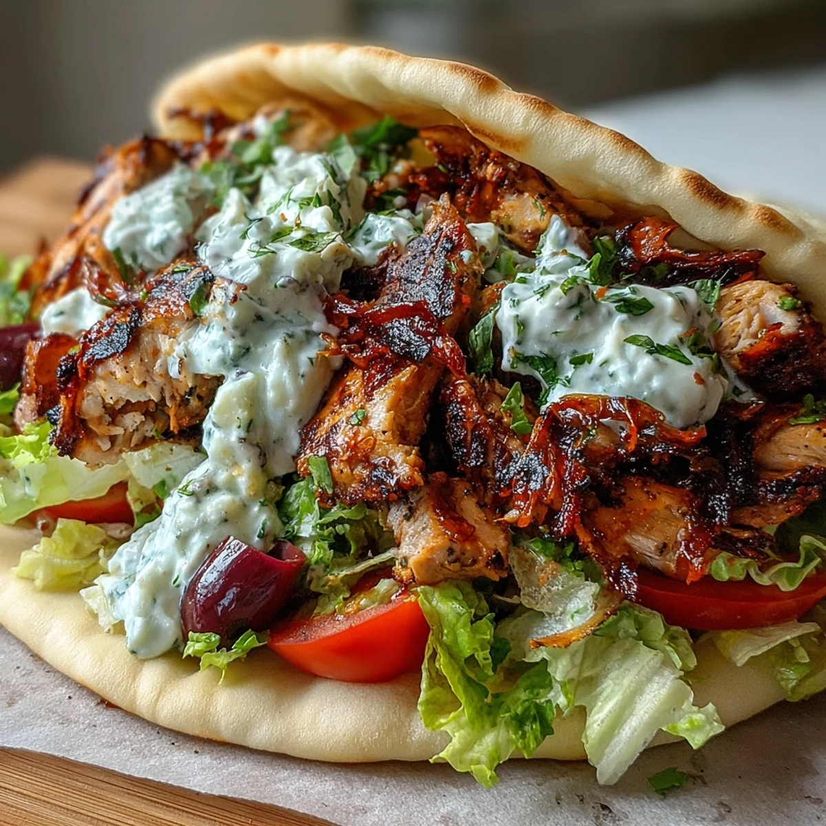 Char-grilled Mediterranean Chicken Gyros topped with creamy feta tzatziki, crisp lettuce, ripe tomatoes, and Kalamata olives served on warm pita bread.