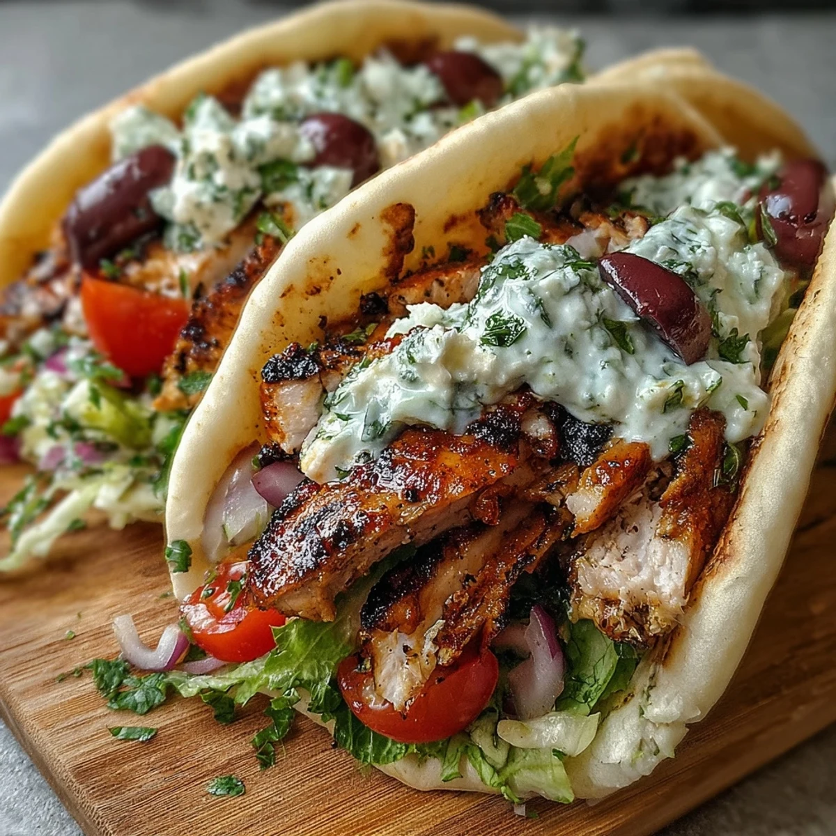 Sizzling marinated Mediterranean Chicken Gyros packed with crunchy veggies and creamy feta tzatziki, perfect for a summer dinner indoors or out.
