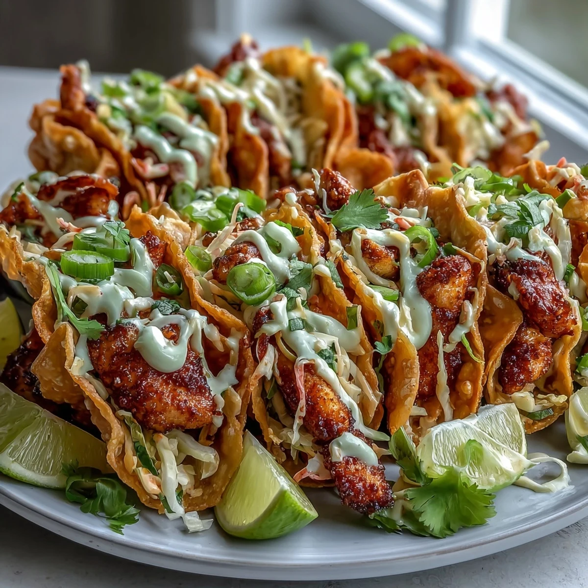 Crispy Chicken Wonton Tacos mit knusprigen Schalen und würziger Sriracha-Mayo auf Teller angerichtet.