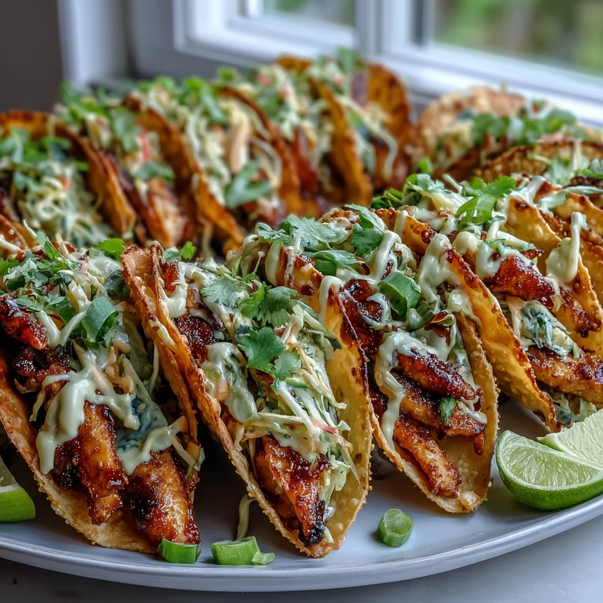 Crispy Chicken Wonton Tacos gefüllt mit ingwer-mariniertem Hähnchen, Rotkohl und Karotten, garniert mit frischer Koriander.