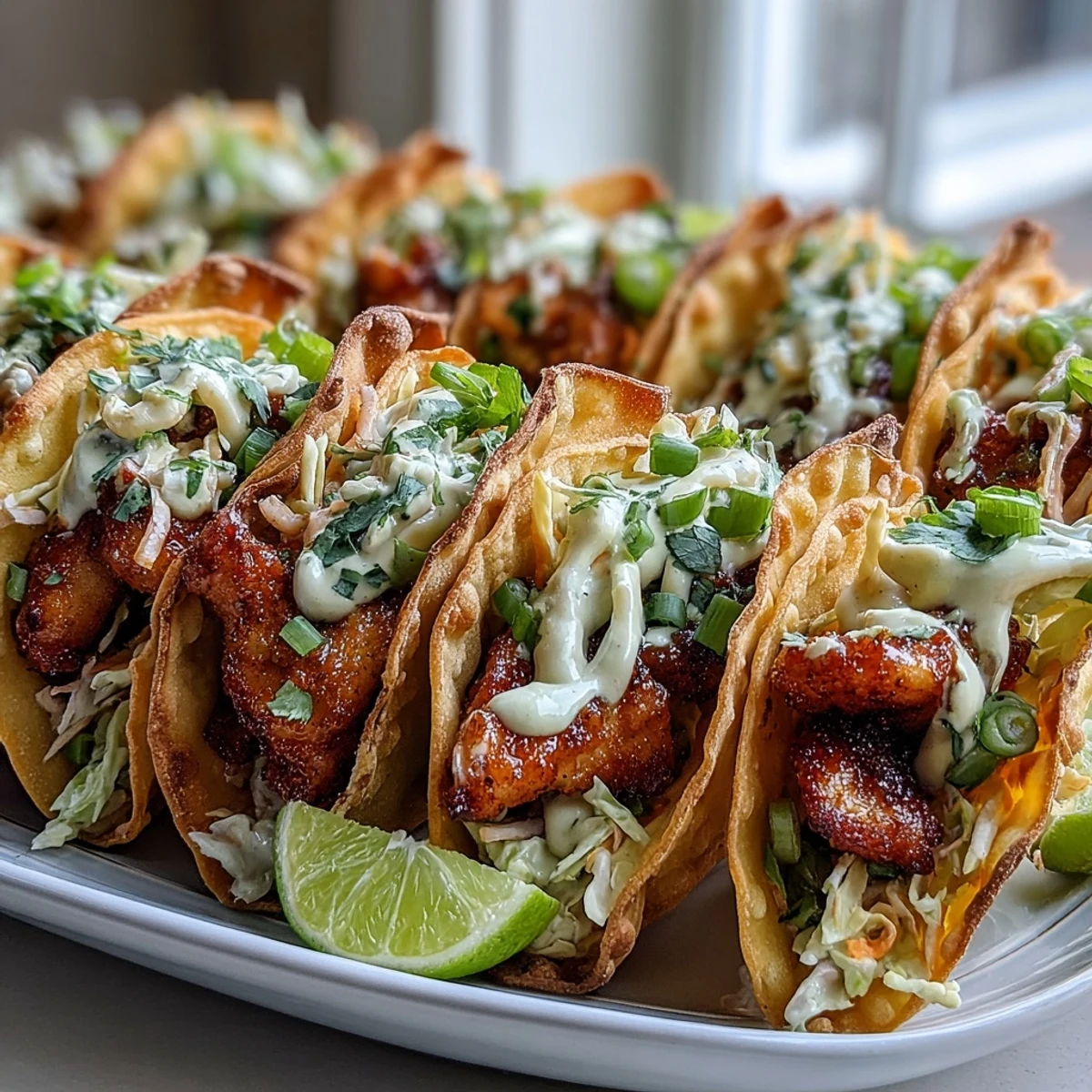 Genieße Crispy Chicken Wonton Tacos mit saftigem Hähnchen, cremiger Sriracha-Mayo und frisch gepresster Limette.