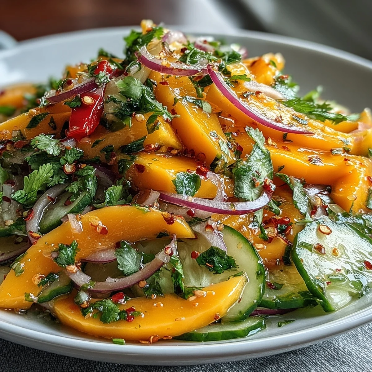 Mango Salad mit Limetten-Dressing auf hölzerner Holzplatte, mit roten Zwiebeln und Gurken, perfekt für ein leichtes Sommeressen oder Picknick.