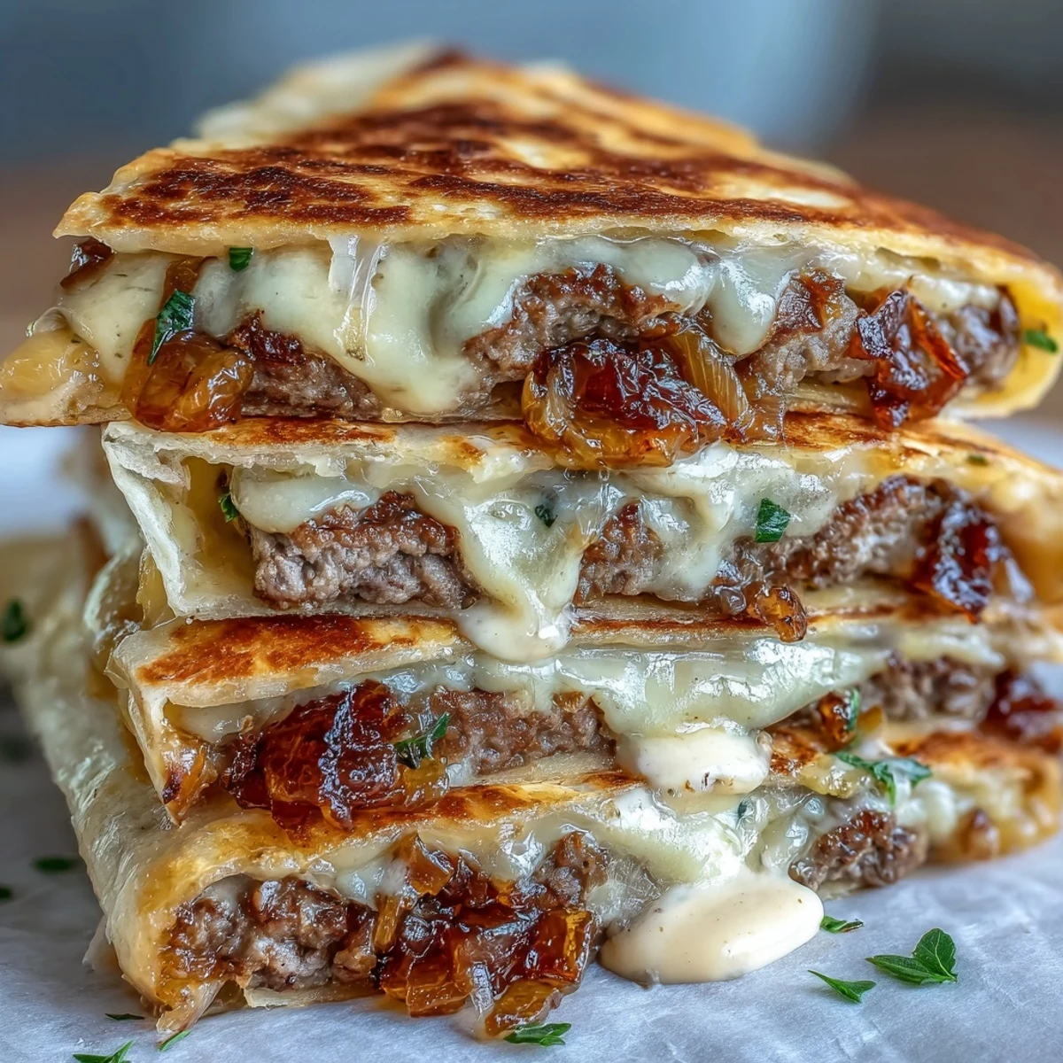 A close look at Cheesy Griddled Smashburger Quesadillas shows melted cheese, thin patties, and onions tucked inside buttery, golden-brown tortillas.