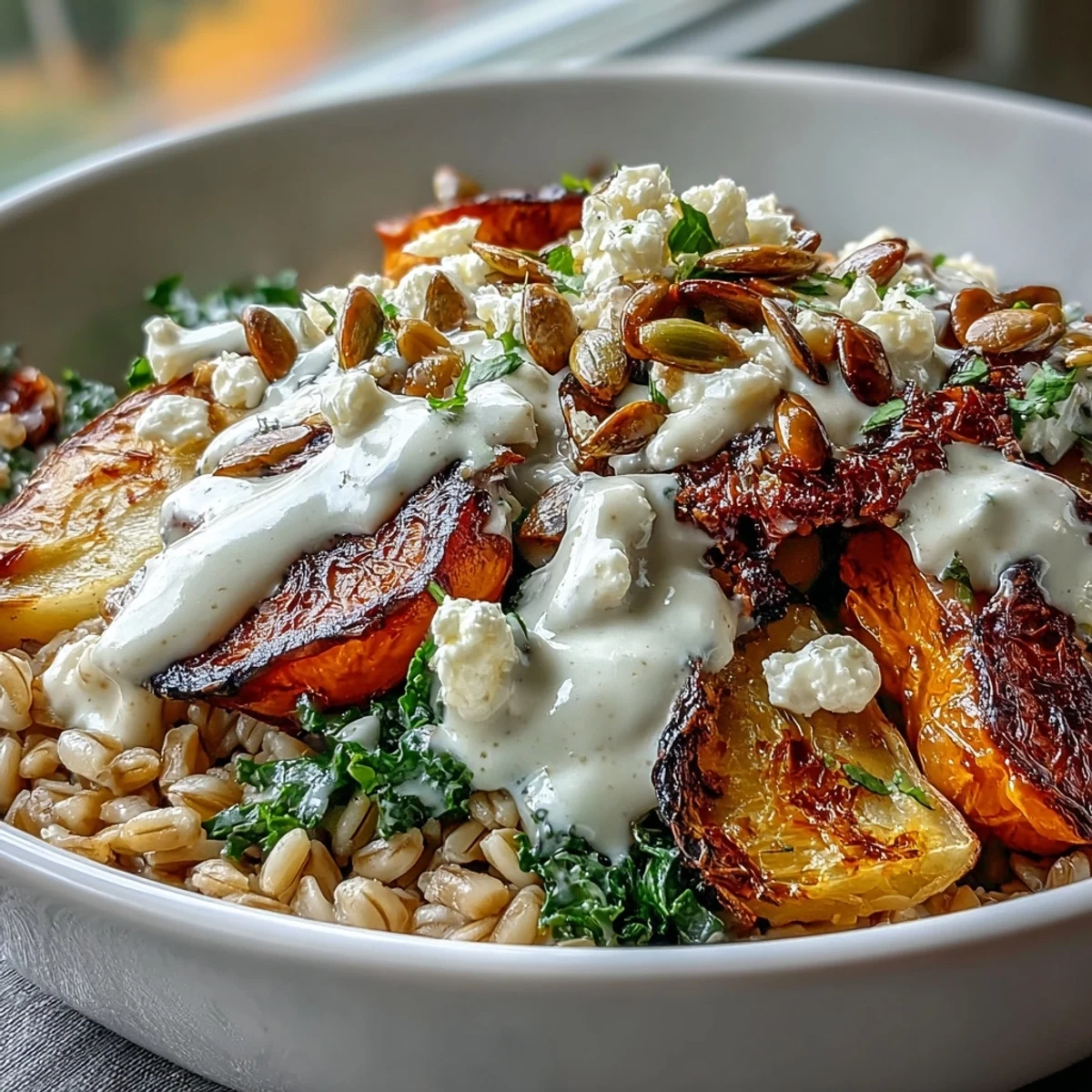Warme Hearty Winter Grain Bowl mit gerösteten Wurzelgemüsen und cremigem Tahini-Dressing auf einer Schüssel.