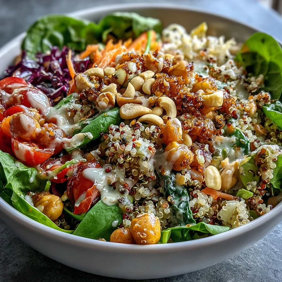 Vibrant Rainbow Salad Bowl in a white bowl with quinoa, chickpeas, and fresh chopped veggies drizzled with lemon dressing.  