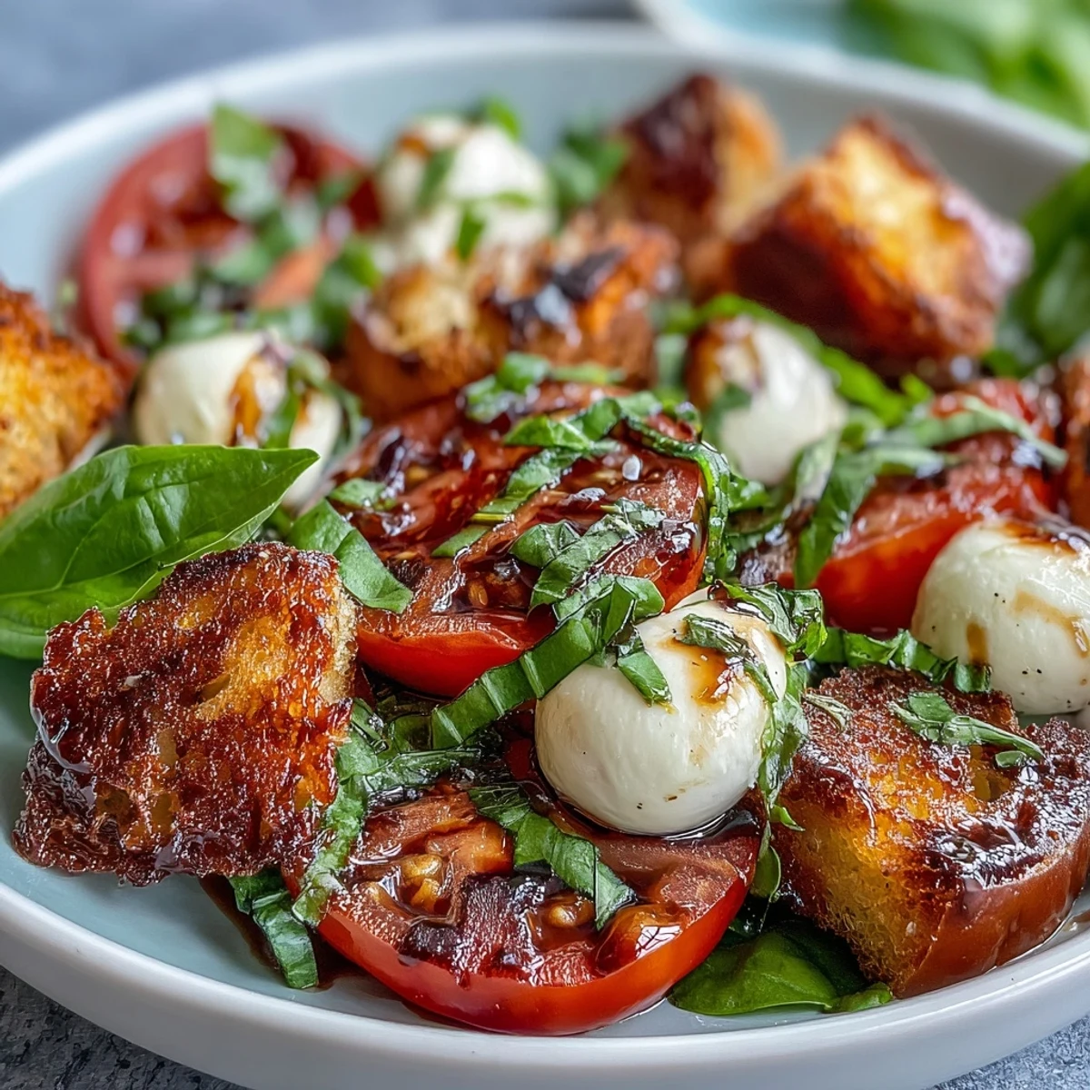 Frischer Caprese Salad Bowl mit reifen Tomaten, cremiger Mozzarella und knusprigem Ciabatta auf einem rustikalen Teller.