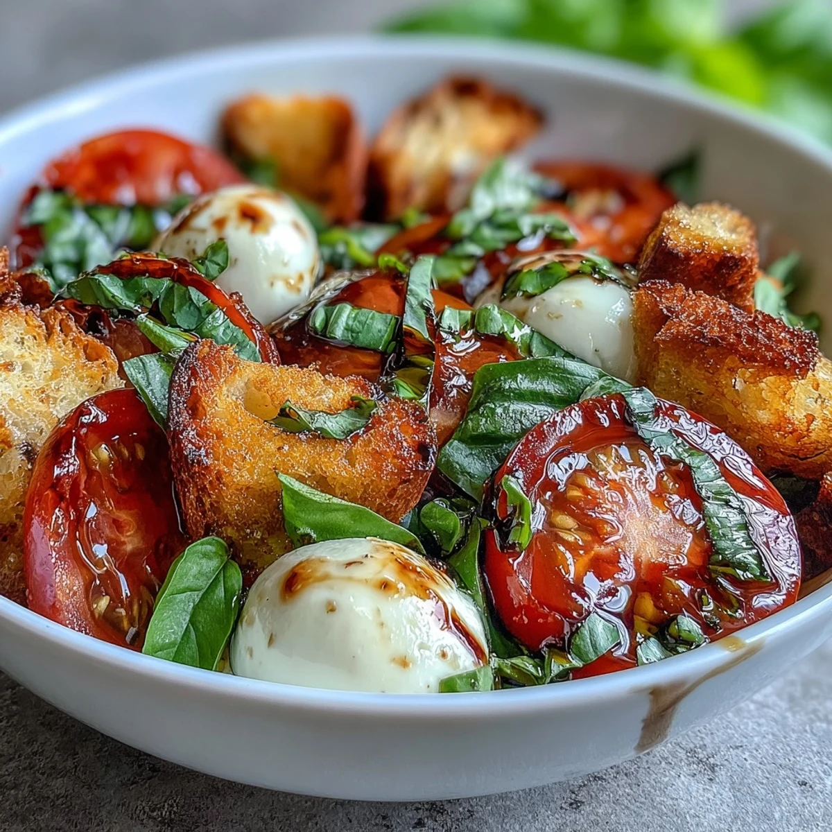 Genieße einen leichten Caprese Salad Bowl mit saftigen Tomaten, Käseknödeln und knusprigem Brot als perfekte Vegetarier-Mahlzeit.