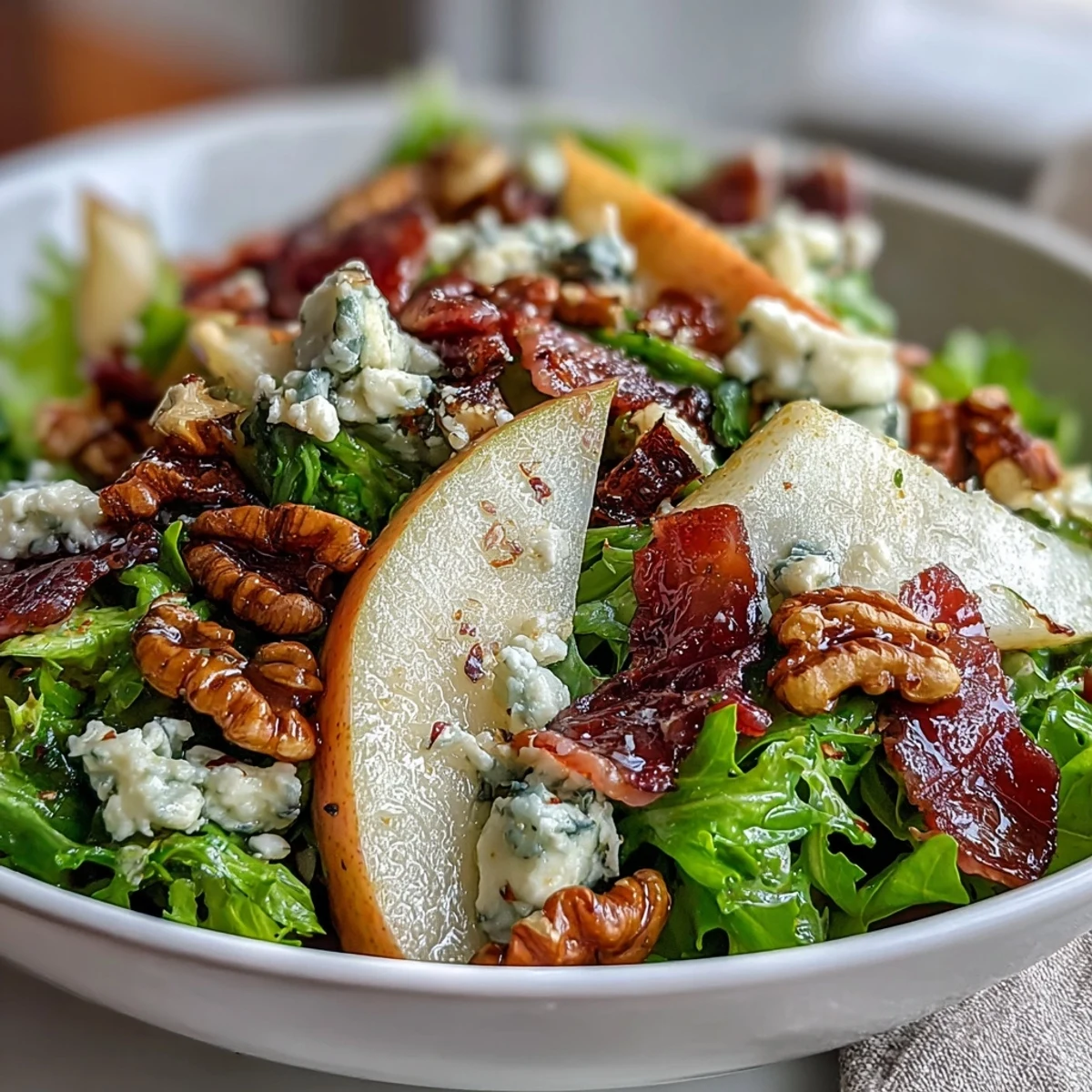 Genießen Sie diese herzhafte Frisée-Birnen-Blauschimmelkäse-Schüssel, perfekt für leichte Mahlzeiten.