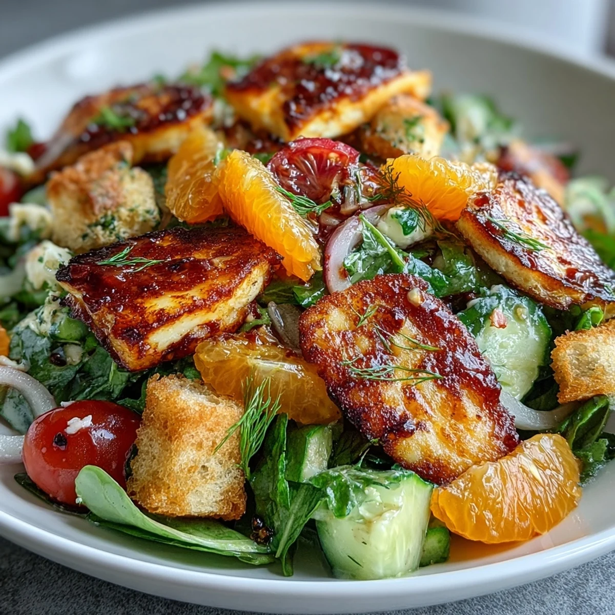 Crispy sourdough croutons in Halloumi Blood Orange Fattoush salad, finished with pomegranate molasses dressing.  