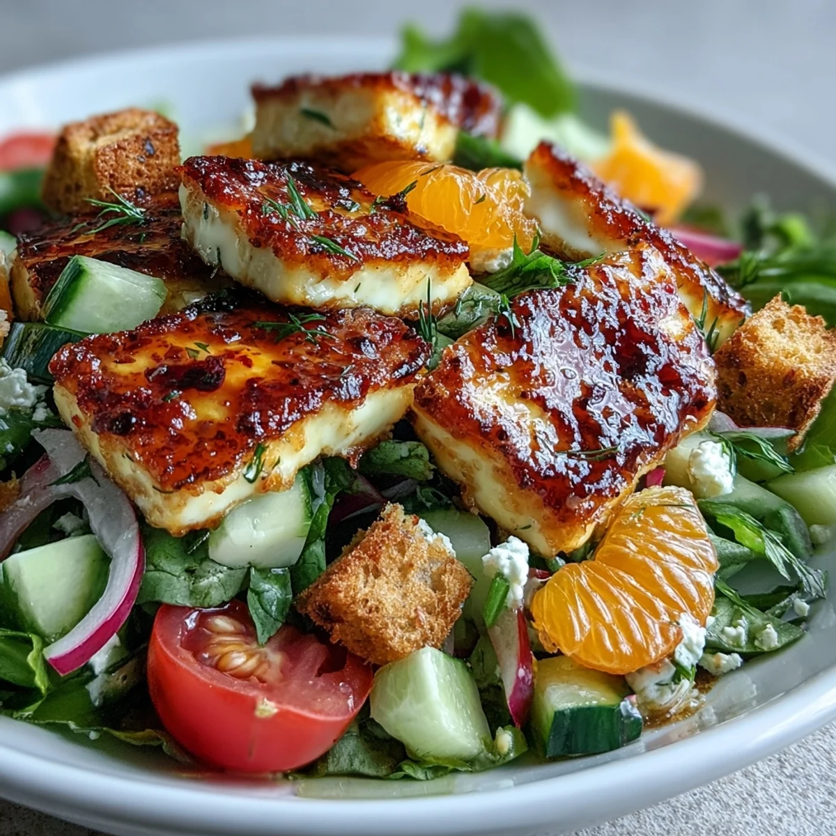 Warm Halloumi Blood Orange Fattoush salad with mint and arugula, served as a vegetarian meal.